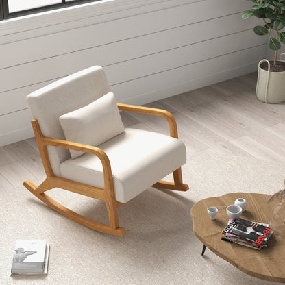 HOMCOM Schaukelstuhl im Retrodesign, Gummibaumholz, 64,5 cm x 92 cm x 81, 5 cm, Beige + Braun