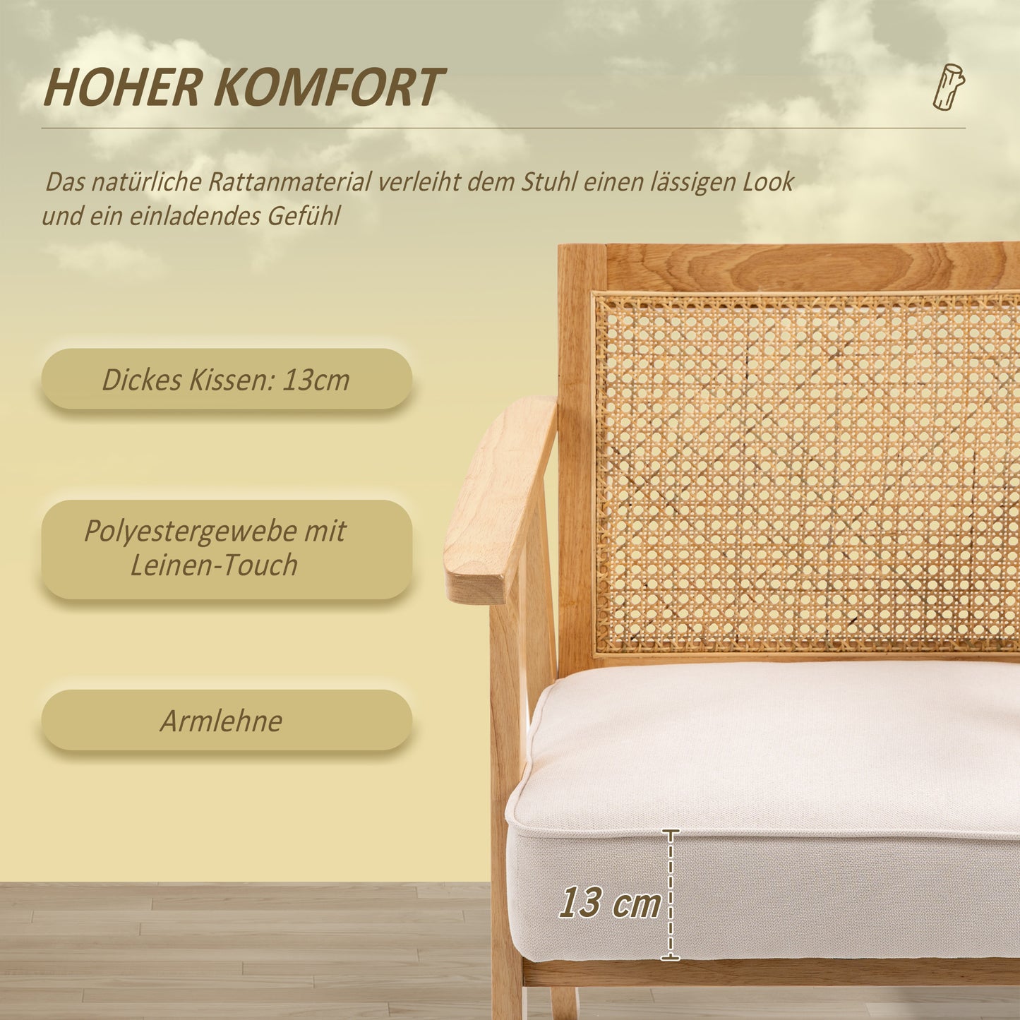 HOMCOM Exotischer Polsterstuhl, Kautschukholz, Sitzkissen in Leinenoptik, 63L x 69B x 78H cm, Cremeweiß