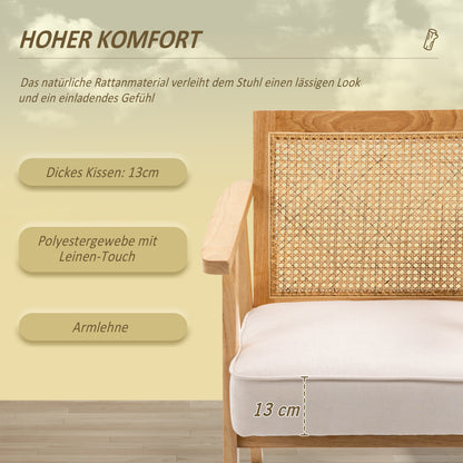 HOMCOM Exotischer Polsterstuhl, Kautschukholz, Sitzkissen in Leinenoptik, 63L x 69B x 78H cm, Cremeweiß