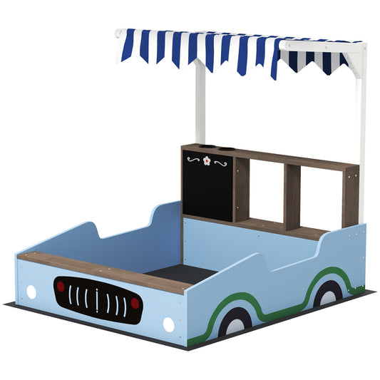 AIYAPLAY Sandkasten mit Vordach, Einkaufsladen-Design, Sitzbank, Zeichentafel, Tannenholz, 104H x 108L x 90B cm, Blau