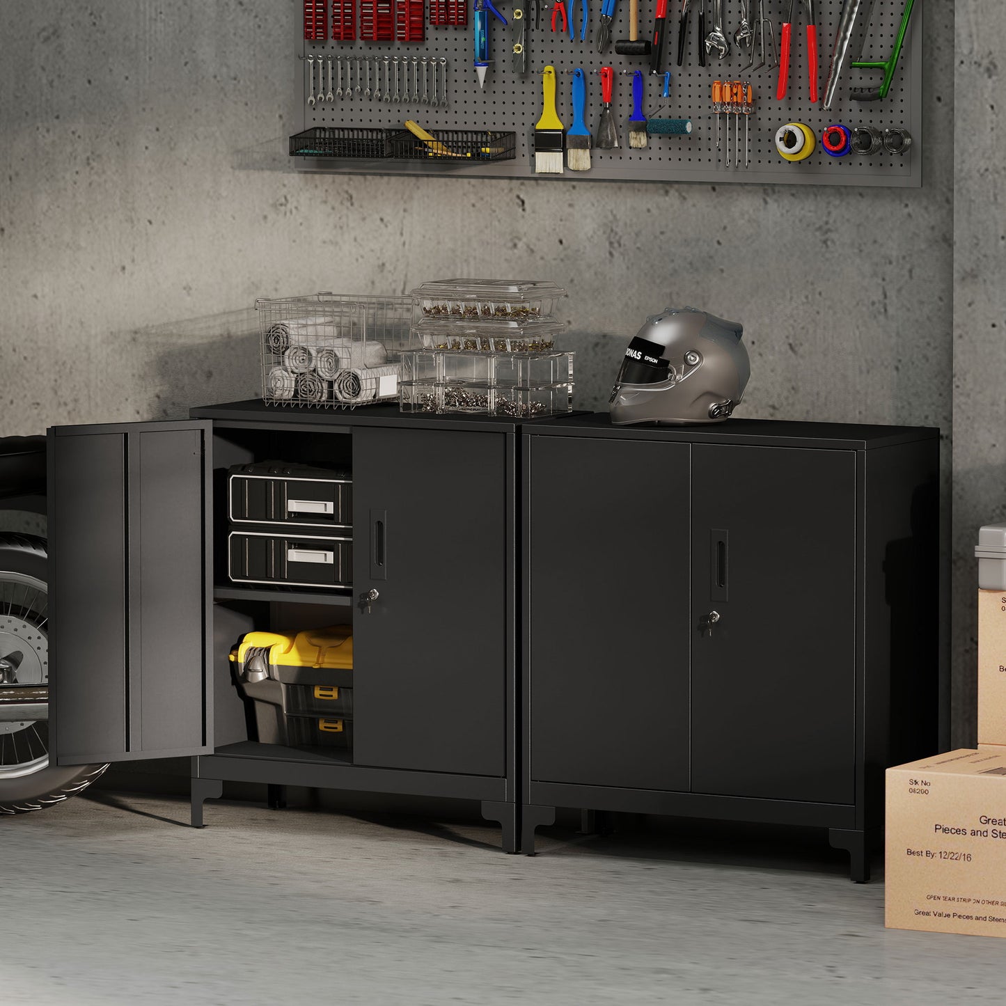 HOMCOM Büroschrank aus Metall, verschließbare Türen, Bürokommode, 2-stufiges Design, Schwarz