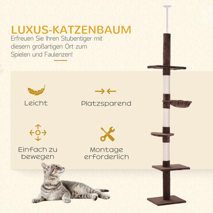 PawHut Kratzbaum Deckenhoch höhenverstellbar, stabiler Katzenbaum mit Sisalsäulen, Katzen Kletterbaum, Braun, 40 x 34 x 230-260 cm