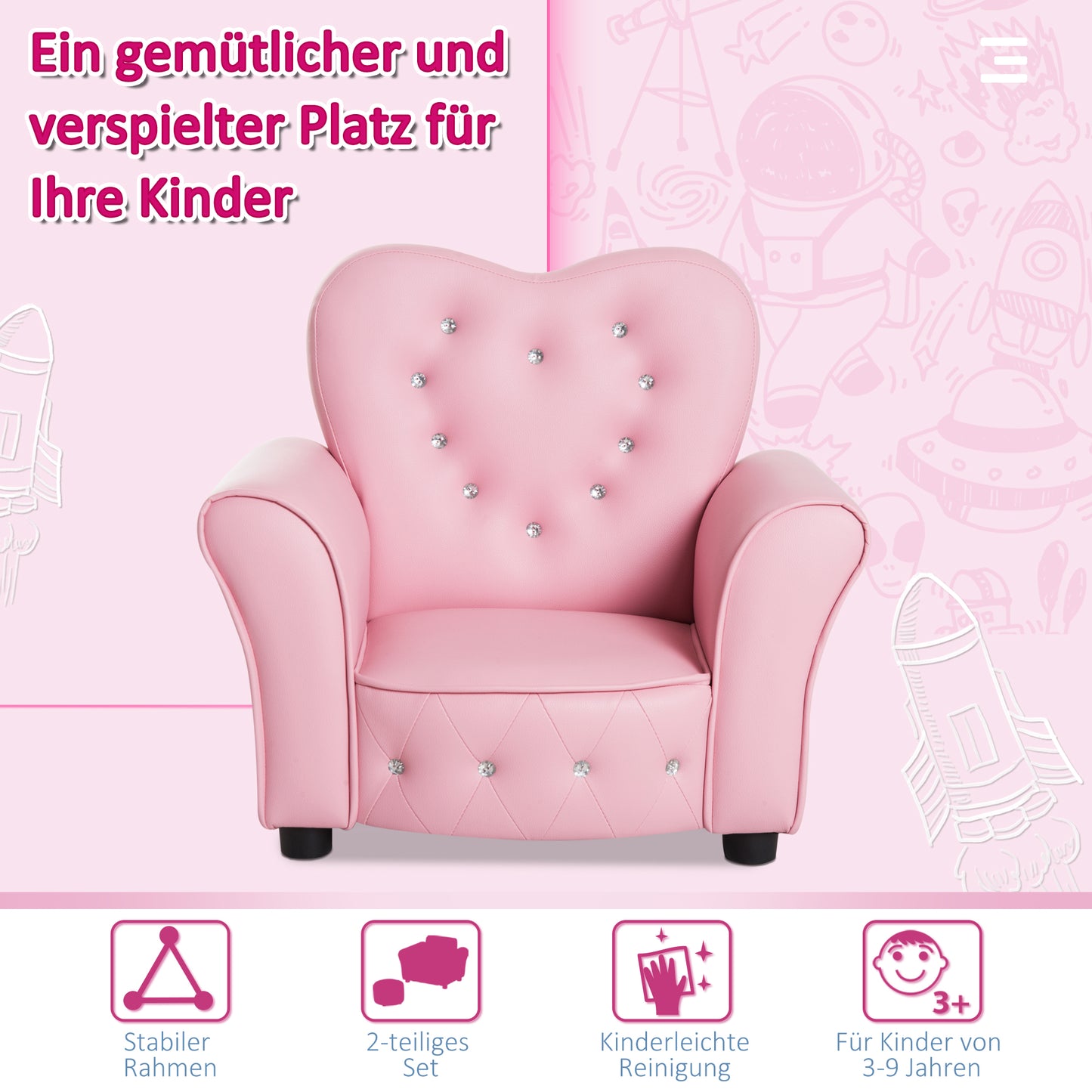 HOMCOM Kindersessel Kindersofa, massiven Holzfüßen Sessel aus Schaumstoff Kinderstuhl für Kinderzimmer, Spielzimmer, 59 x 41,5 x 49 cm, für Kinder 1,5-3 Jahre Rosa