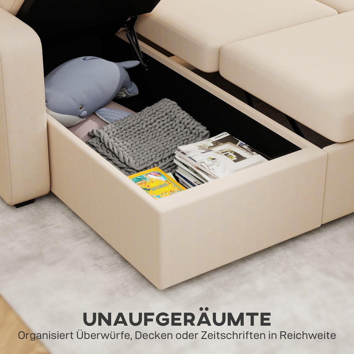HOMCOM Verstellbares Bettsofa, L-förmiges Gästesofa mit Bettfunktion, Stauraum, Kissen, für Wohnzimmer, Gästezimmer, Beige