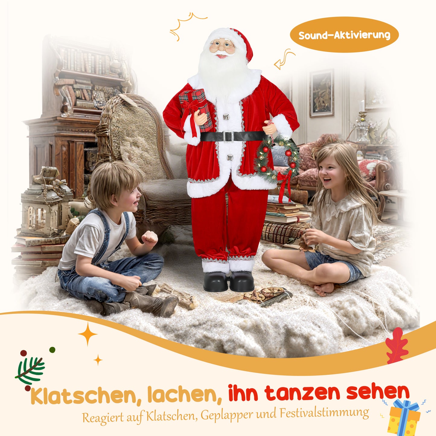 HOMCOM Weihnachtsmann, Weihnachts-Dekoration, 120 cm, biegsame Arme, mit Geschenk & Weihnachtskranz, Geräuschaktivierung, Rot