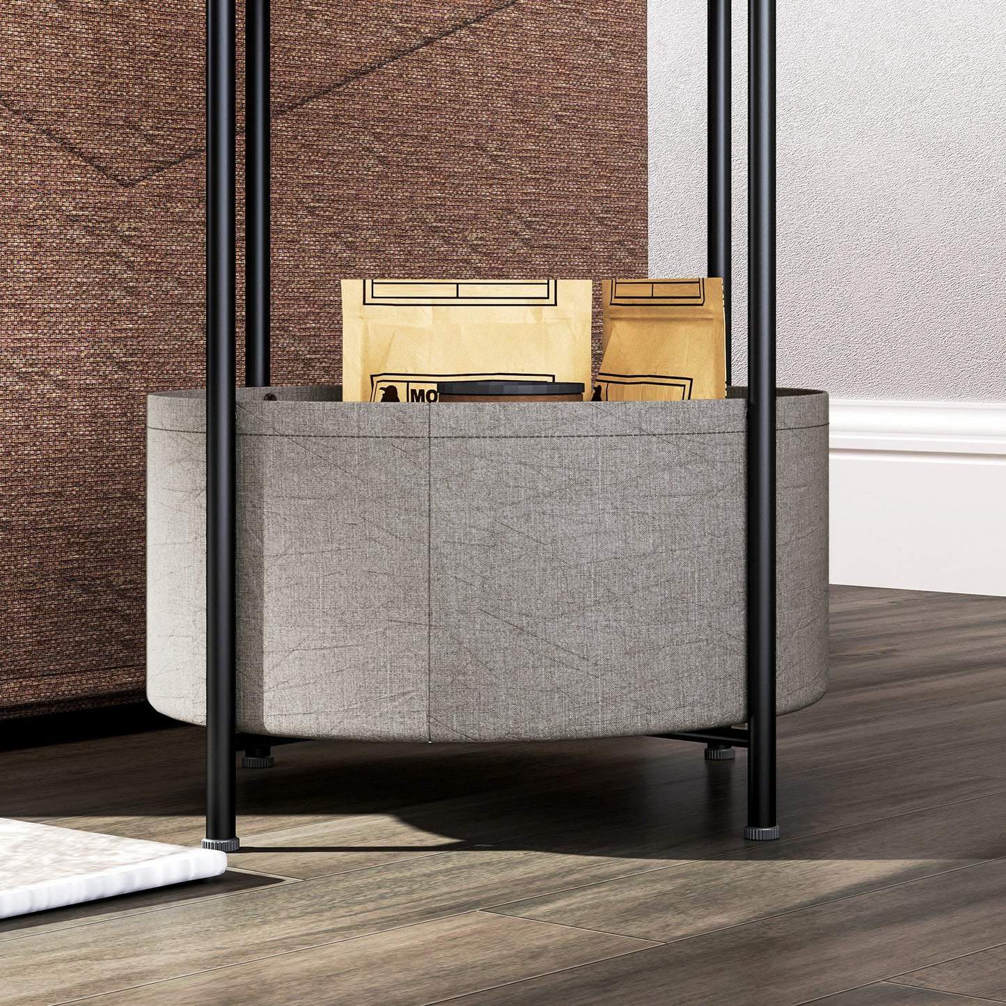 HOMCOM Runder Beistelltisch mit Stoffkorb, 2-stufiger Kaffeetisch für Wohnzimmer, Schlafzimmer, kleine Räume, Metall, Grau+Weiß