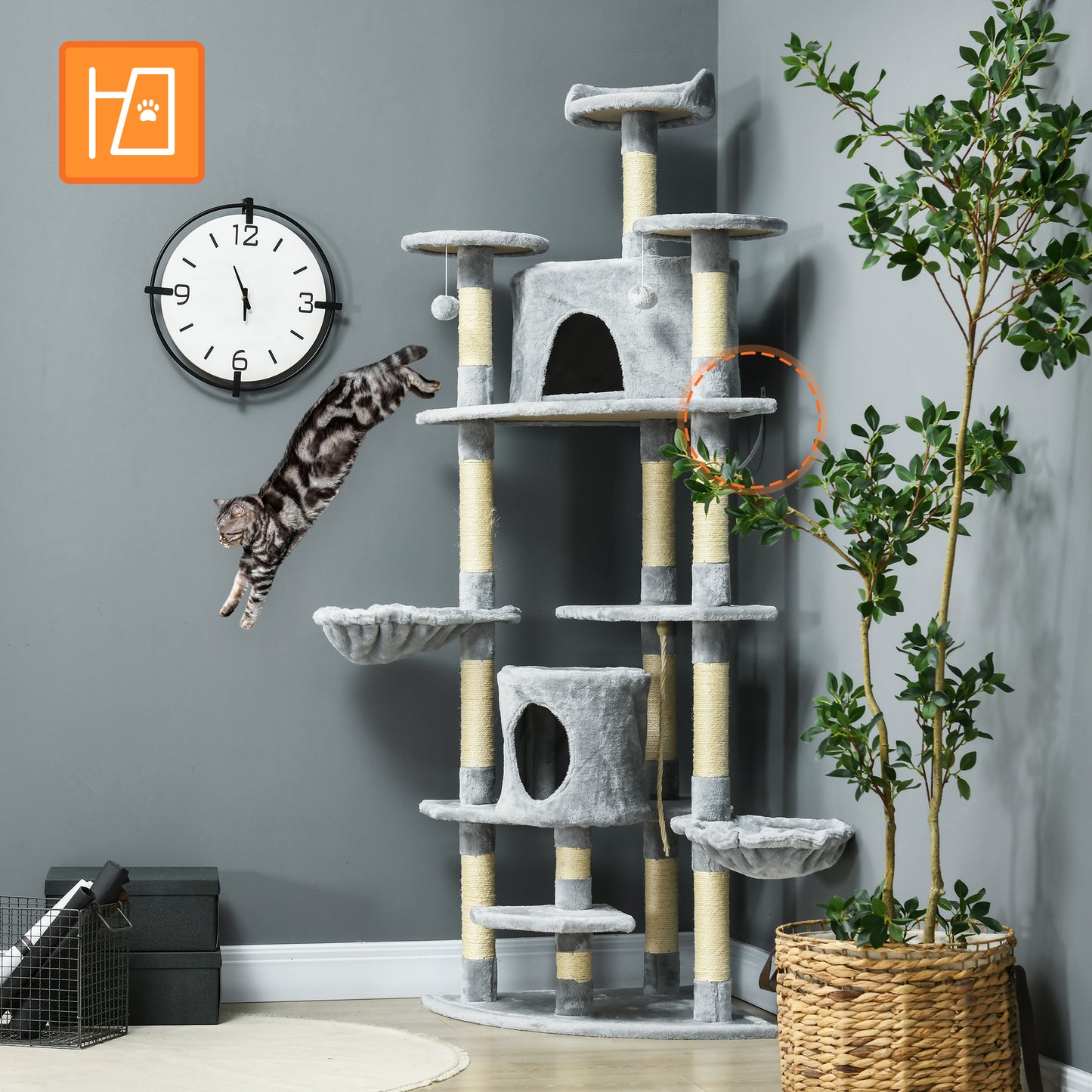 PawHut Kratzbaum mit 2 Hängematten u. 2 Katzenhöhlen inkl. Spielzeug Plüsch Sisalseil Hellgrau