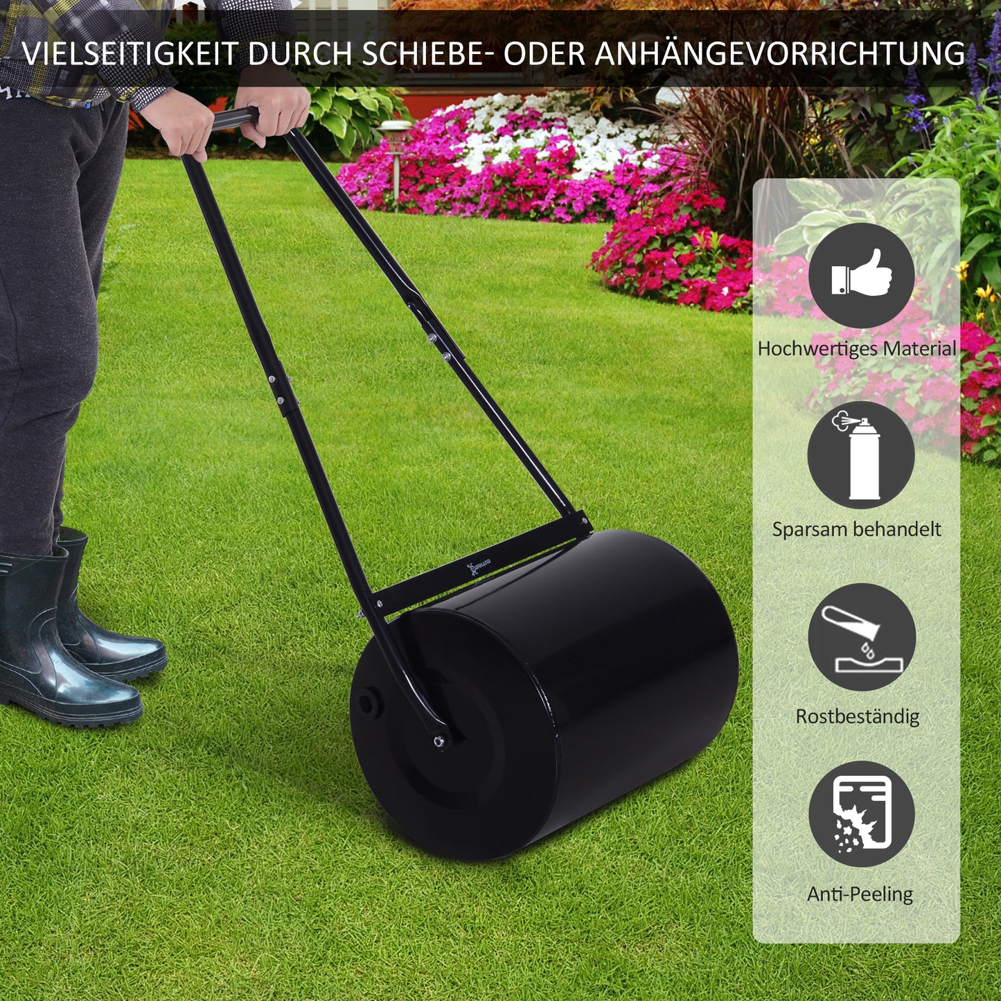 Outsunny Rasenwalze mit U-Griff, Gartenwalze, Gartenrolle, 40 cm Durchmesser, 60 L Wasser-/Sandfüllung, Metall, Schwarz 57 x 40 x 123 cm