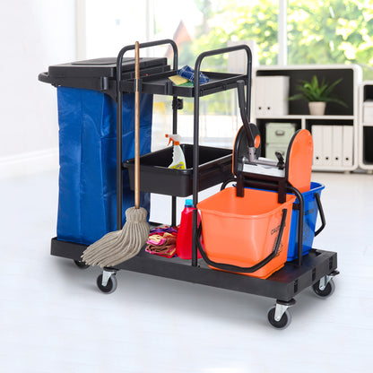 HOMCOM Putzwagen Reinigungswagen Wischwagen Systemwagen mit 4 leichtgängigen Rollen Schwarz+Blau+Orange 111 × 63,3 × 103 cm