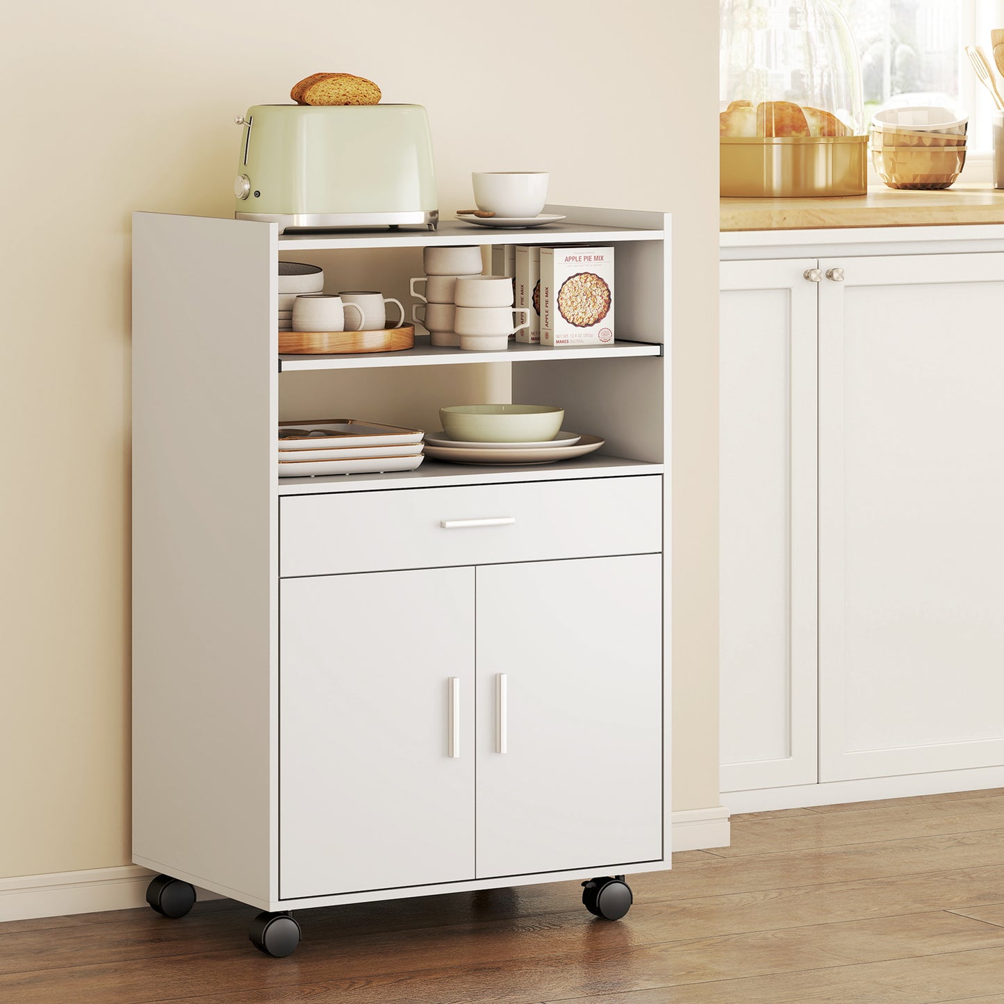 HOMCOM Mikrowellenschrank, Regal, Doppeltürschrank, Schublade, Rollen, Weiß