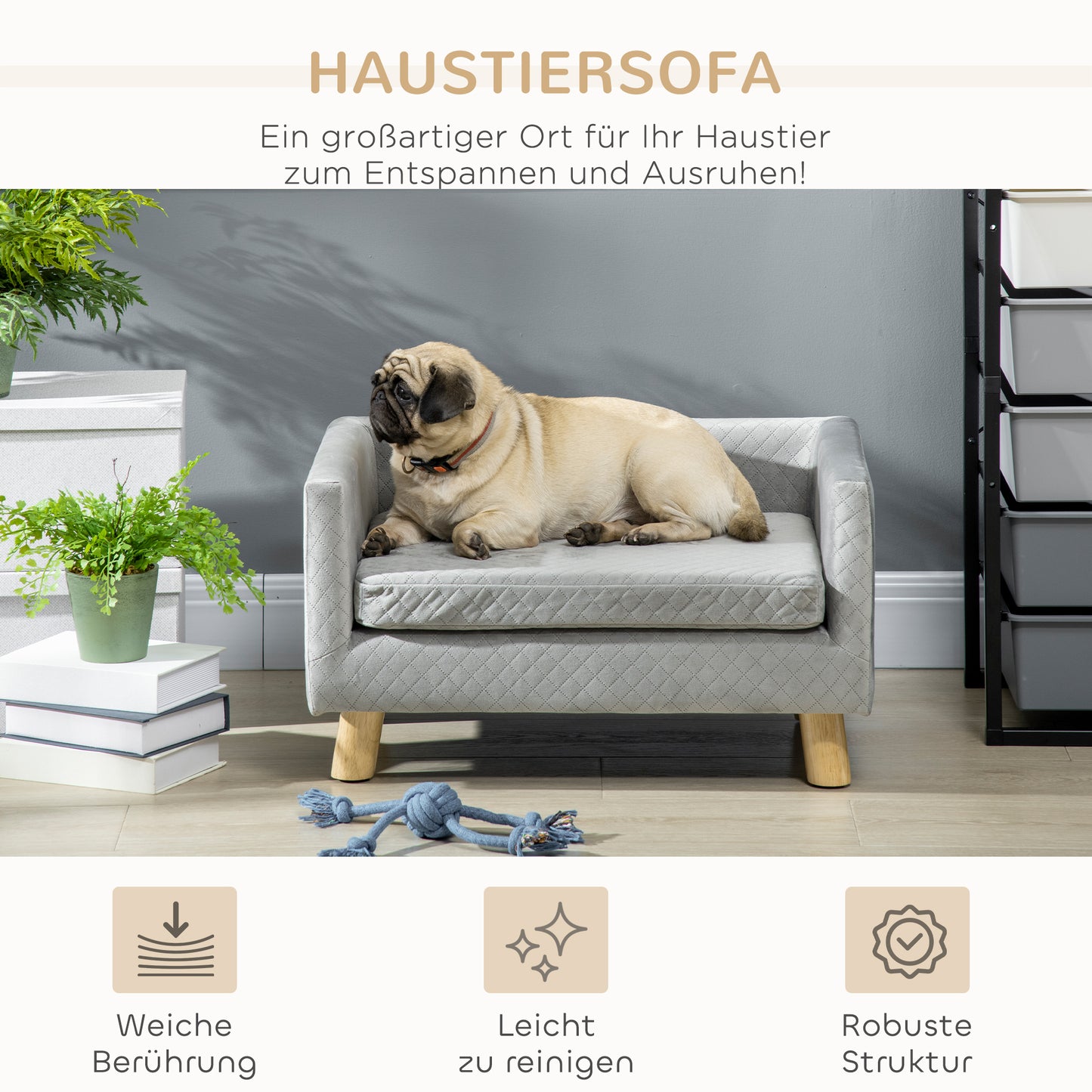 PawHut Hundesofa mit Holzbeinen Hundebett Haustiersofa Hundematte für kleine Hunde bis zu 8 kg Samt-Touch Grau 64 x 45 x 36 cm