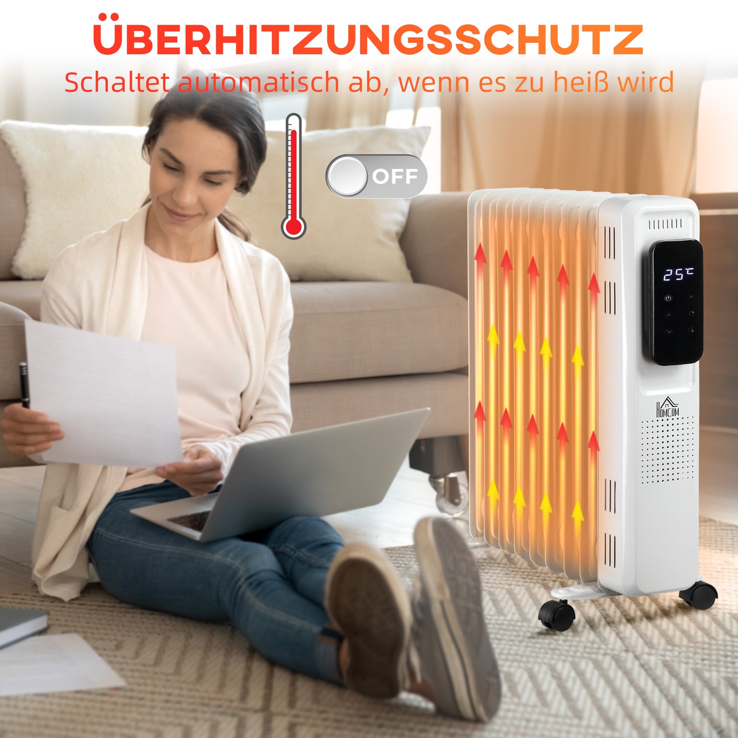 HOMCOM Ölheizung, 3 Heizstufen, Touch-Display, 15-35° C, 2000 W, Stahl, weiß, 42,5 x 24 x 63cm