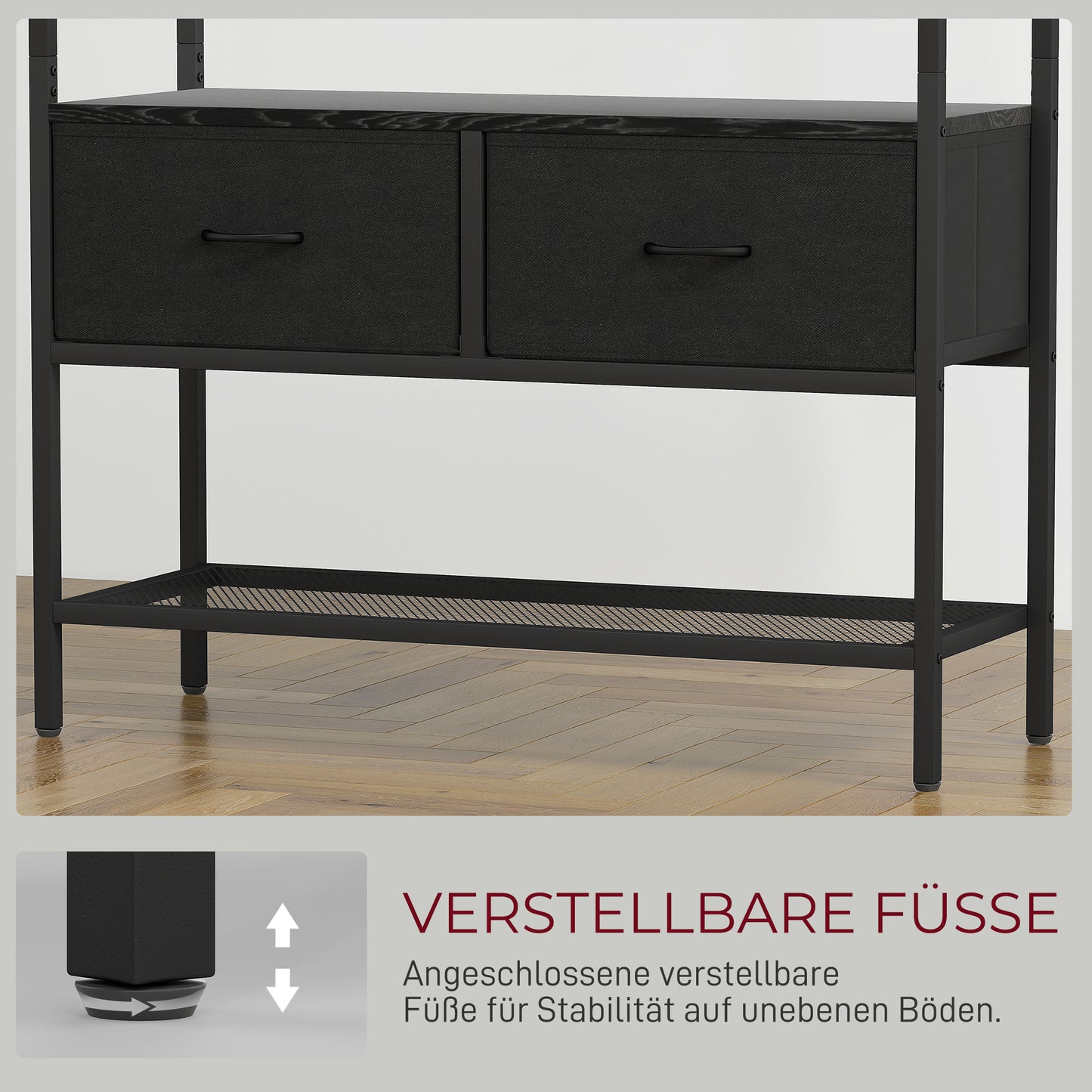 HOMCOM Garderobenständer mit Schuhregal, Kleiderständer im Industrie-Design, 2 Stoffschubladen, 8 Haken, Metallrahmen, Schwarz