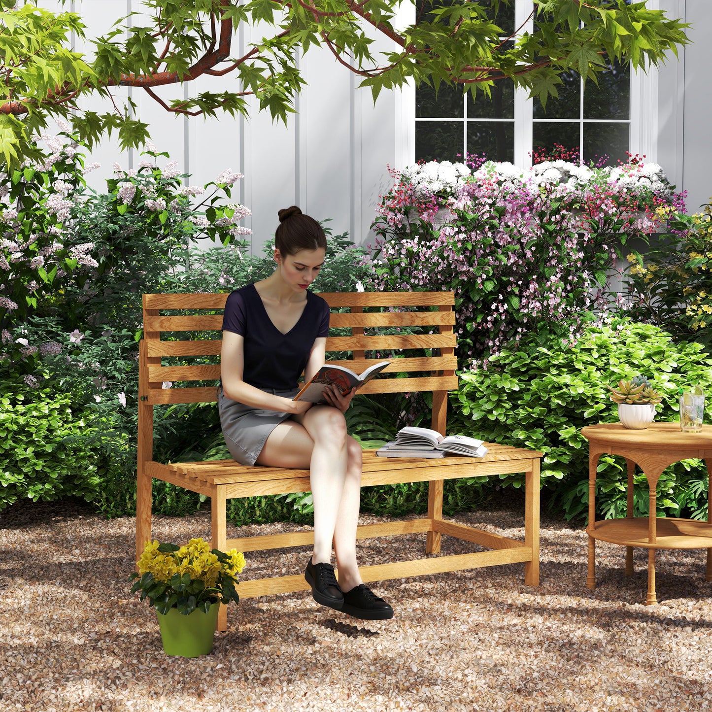 Outsunny 2-Sitzer Gartenbank Holz, wetterfest Sitzbank, UV-Beständig Gartenmöbel mit Umwandelbare Rückenlehnen 110x61x89cm, Teak