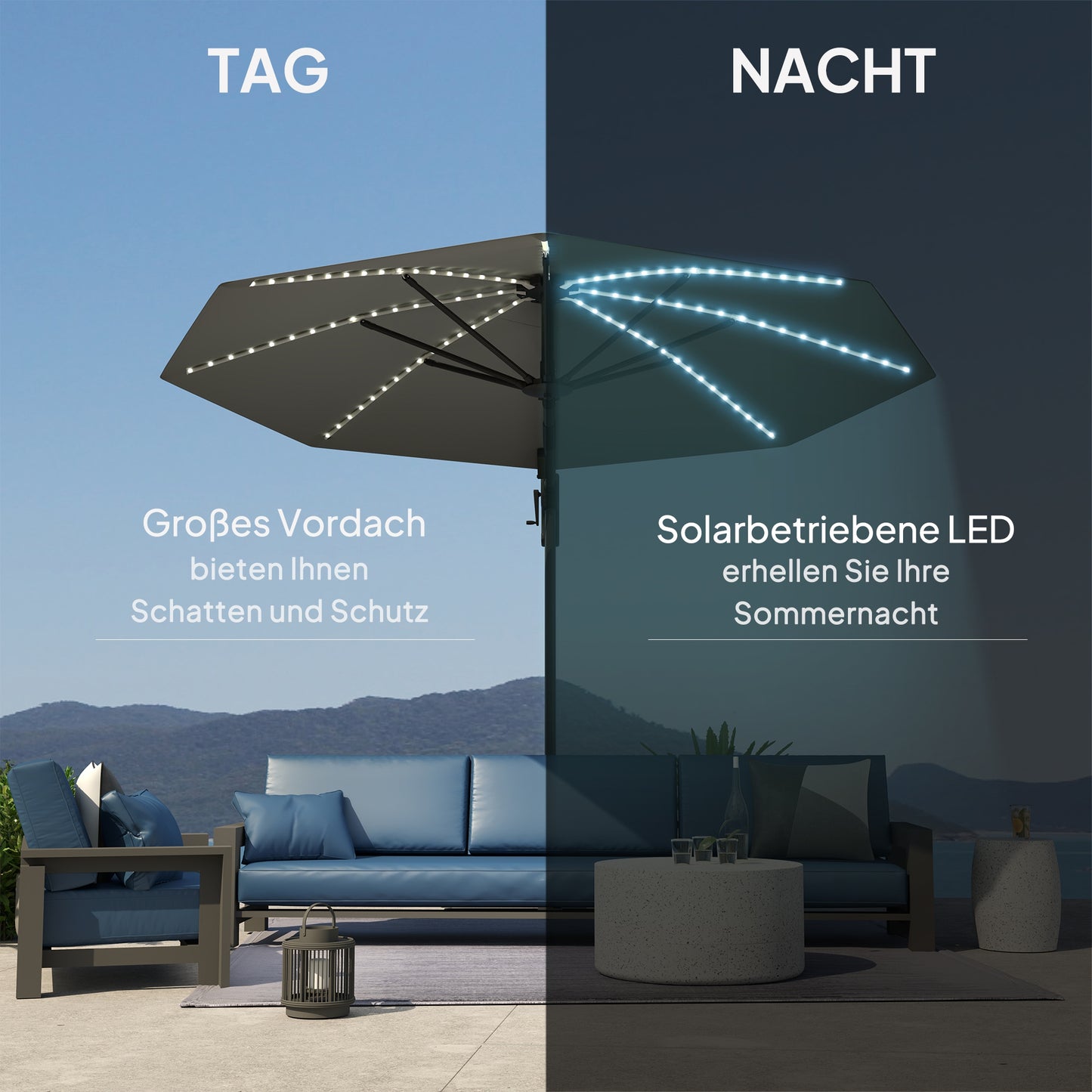 Outsunny Alu Ampelschirm LED Solar Ø300 cm höhenverstellbar Sonnenschirm mit Kurbel Ständer UV50+ Dunkelgrau