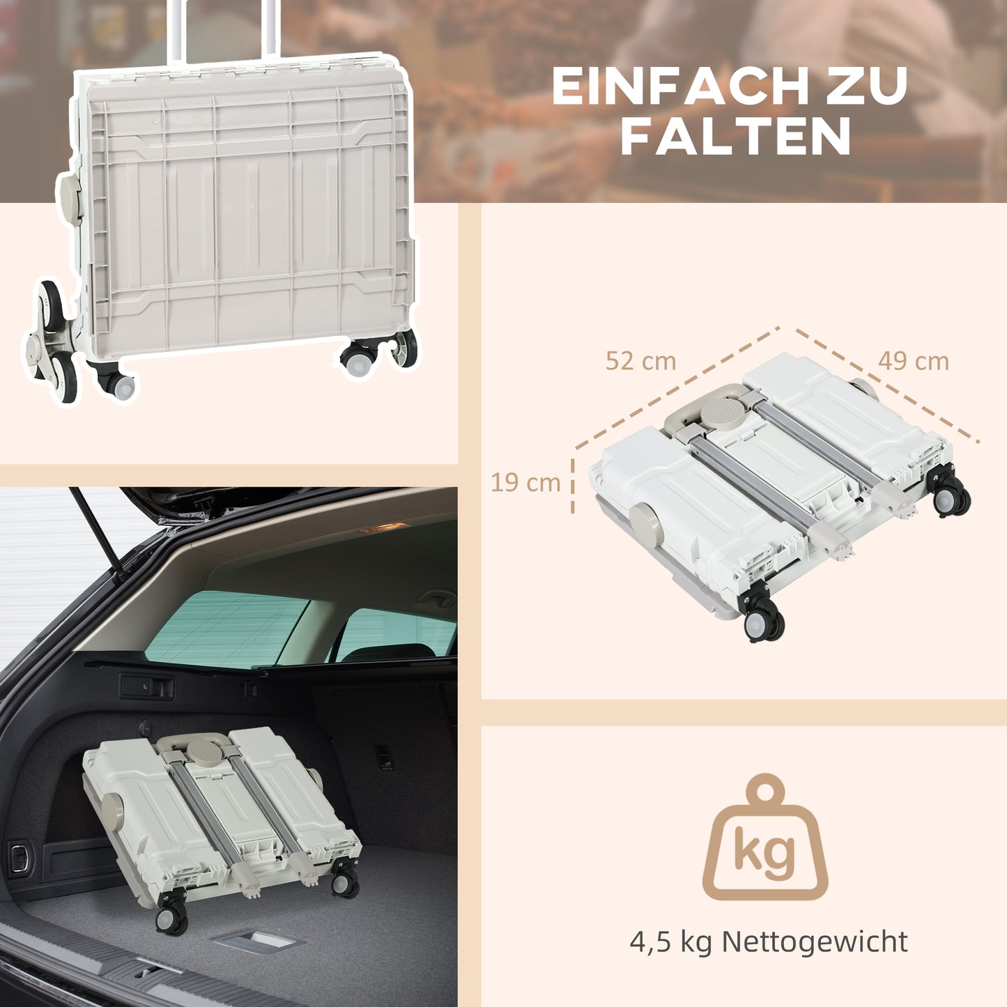HOMCOM Einkaufstrolley Treppensteiger Mobile Transportbox, klappbar, Teleskopgriff, bis max. 65 Kilo belastbar, Weiß