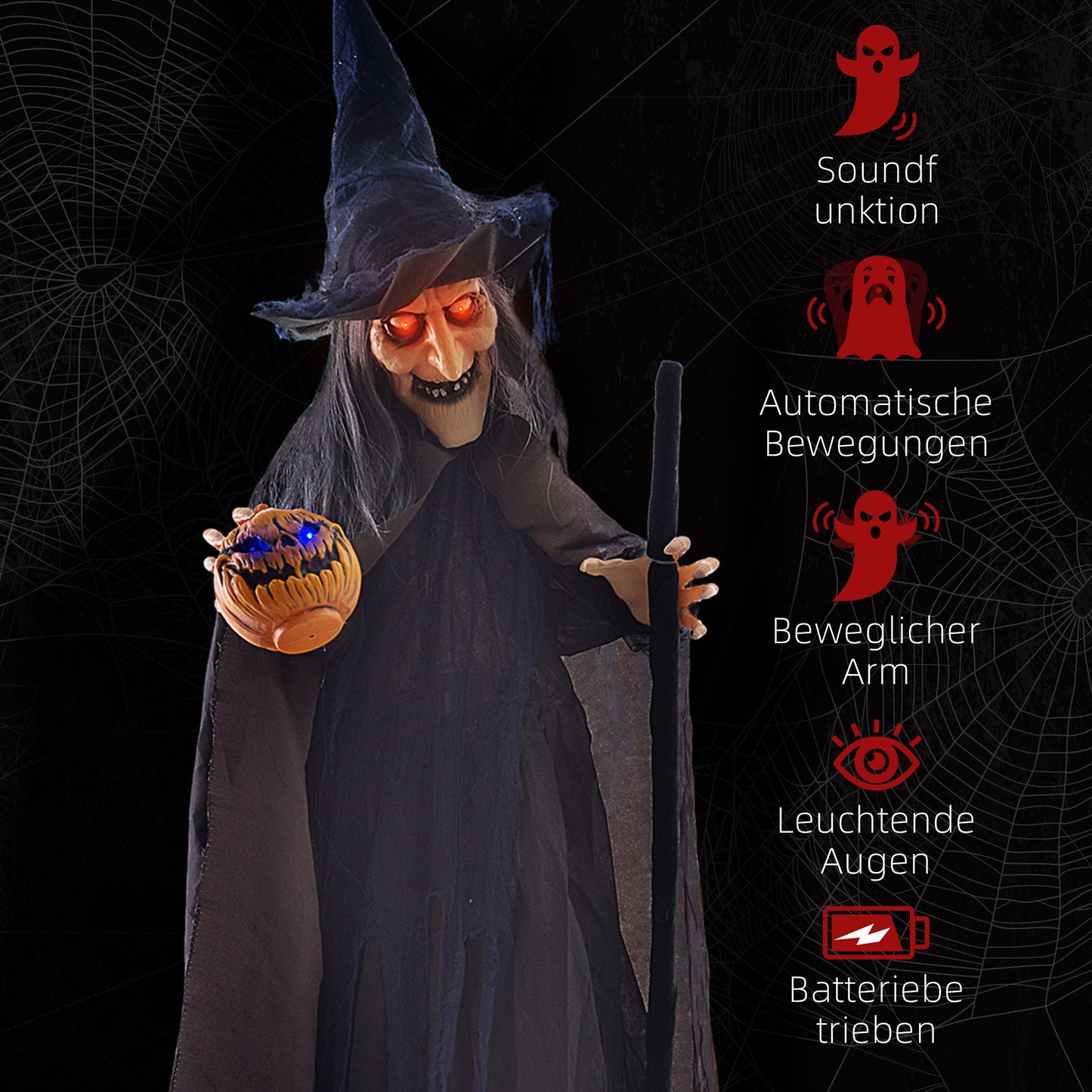HOMCOM Halloweendekoration Hexe mit Besen, leuchtende Augen, gruselige Geräusche, biegsame Arme, 107x65x190 cm