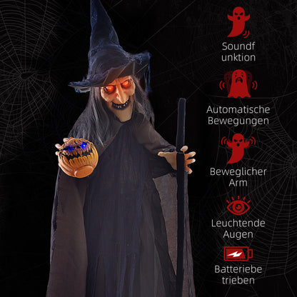 HOMCOM Halloweendekoration Hexe mit Besen, leuchtende Augen, gruselige Geräusche, biegsame Arme, 107x65x190 cm