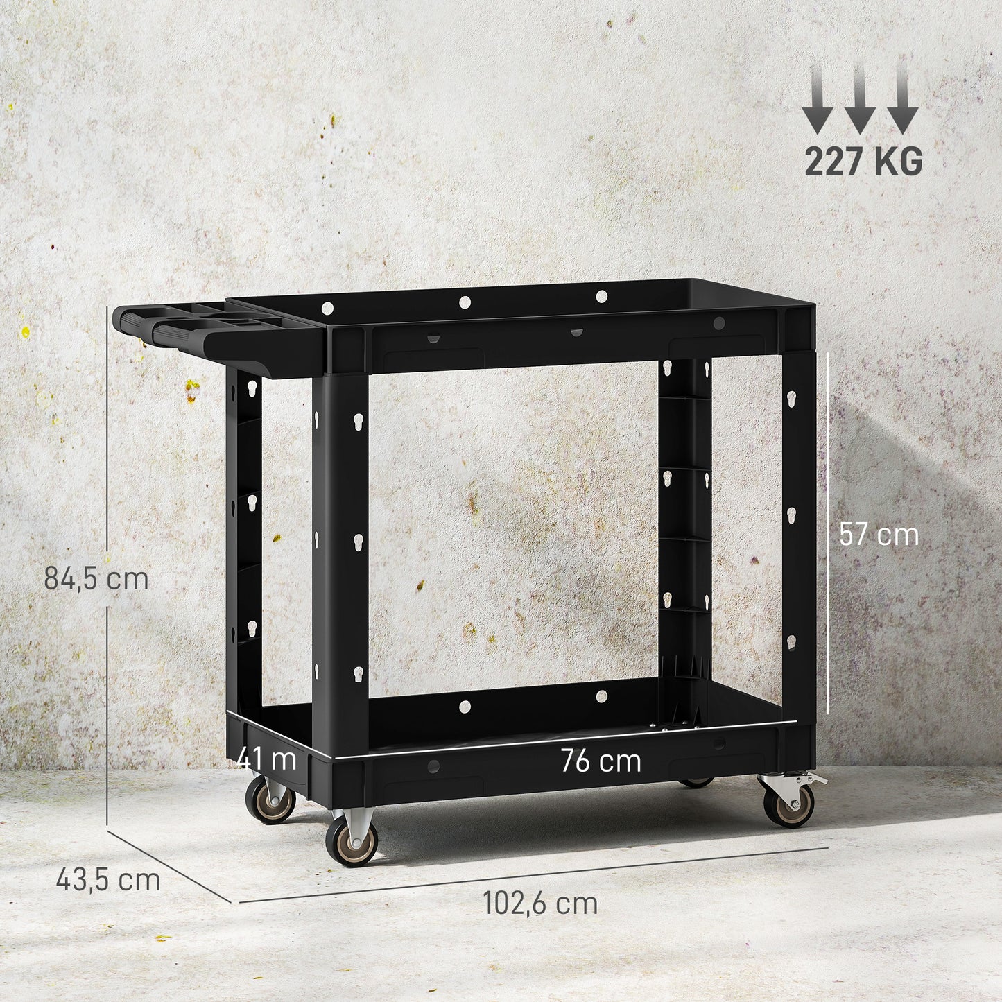 HOMCOM Werkzeugwagen, 2-stöckige Ablagen, Griff, Räder, Kunststoff, Schwarz