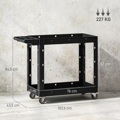 HOMCOM Werkzeugwagen, 2-stöckige Ablagen, Griff, Räder, Kunststoff, Schwarz