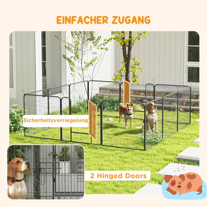 PawHut Welpenauslauf, Haustiergehege, 12 Paneele je 80x80 cm, 2 Türen, Stahlrahmen, Grau