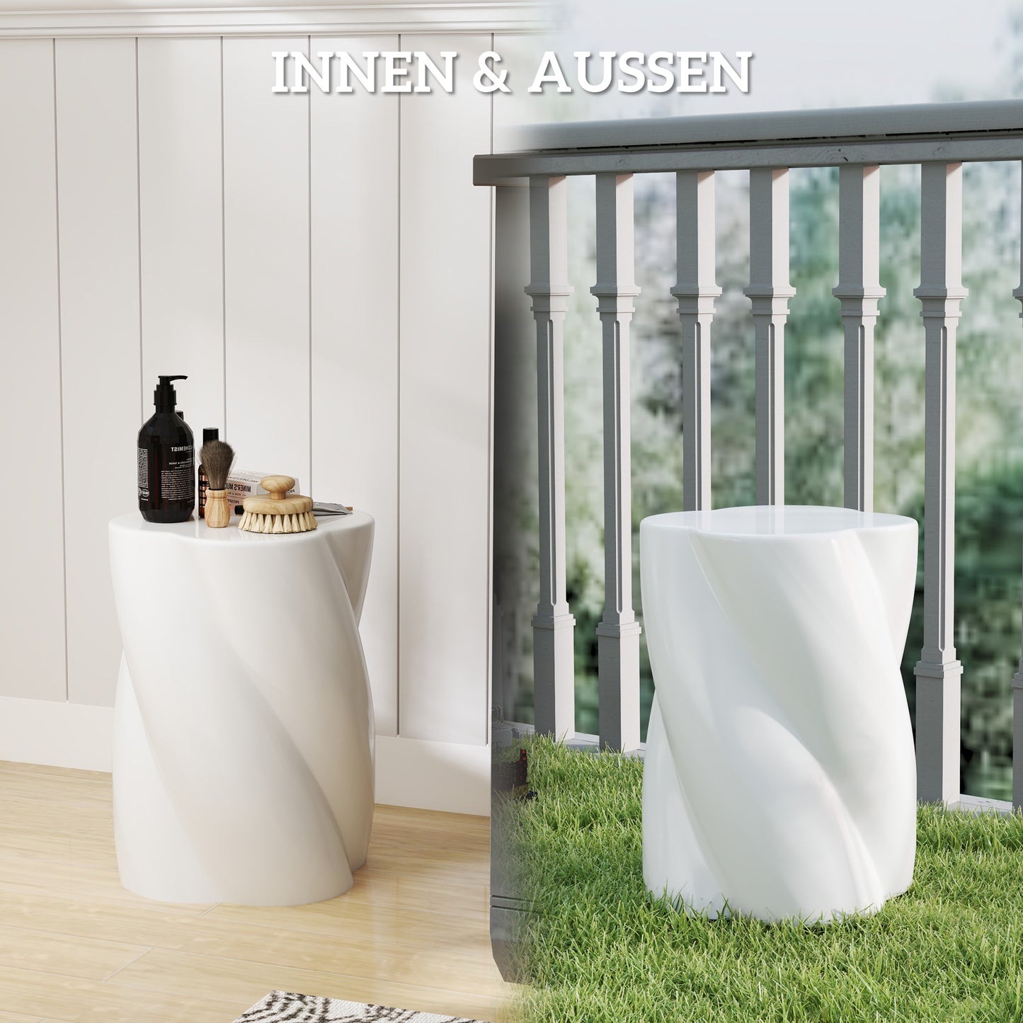 Outsunny Sitzhocker aus Keramik i Spiralform 120kg belastbar Ø33 x 45 cm Wetterfest Garten Hocker mit Deckel Weiß