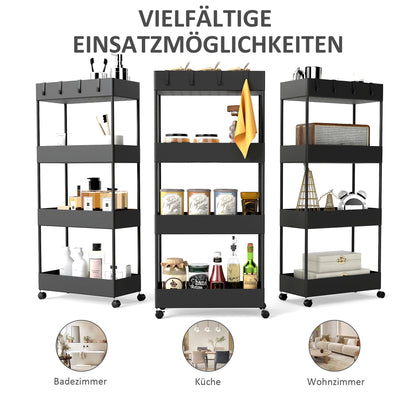 HOMCOM Küchenwagen mit 4 Regalen, 4 flexiblen Haken, 4 Rollen, 40 cm x 19 cm x 90 cm, Nischenwagen, Schwarz