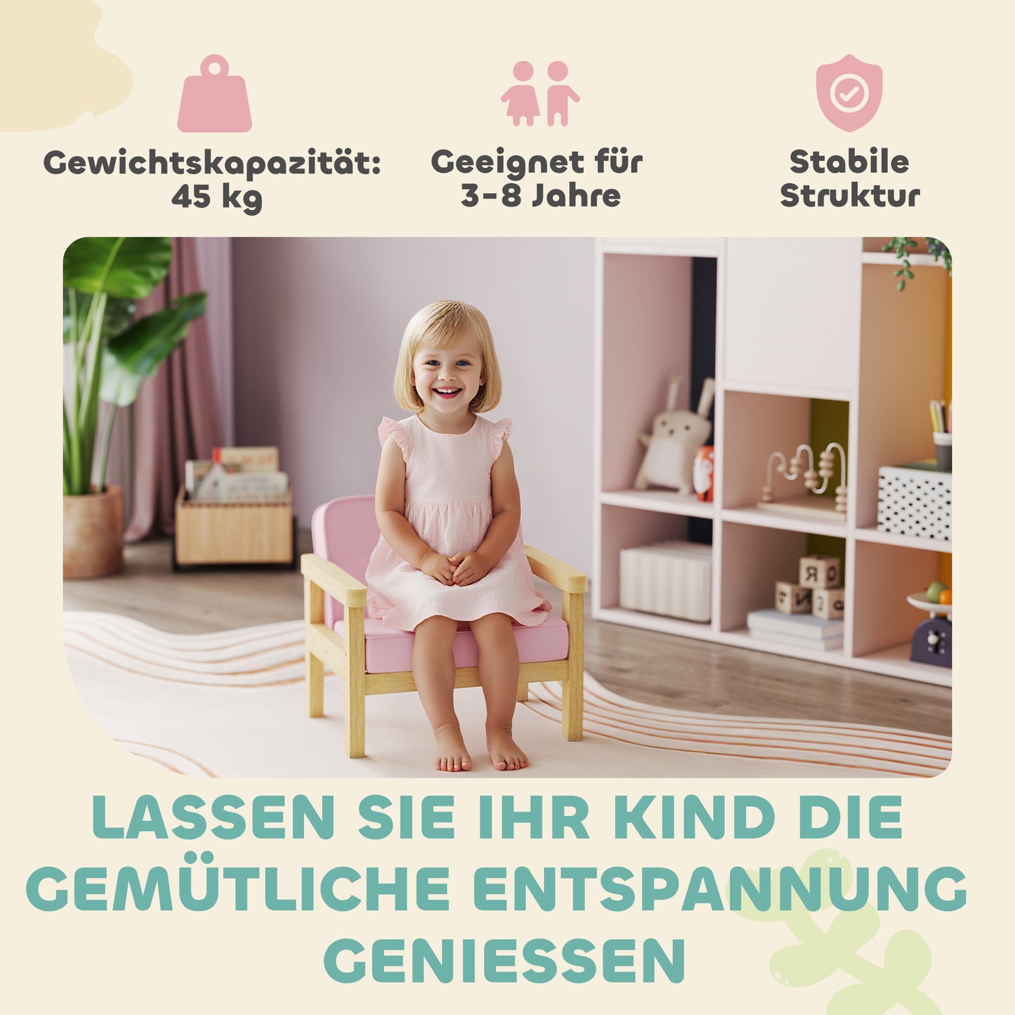 AIYAPLAY Kindersessel Kindersofa mit Kord-Optik, massiven Holzfüßen Sessel aus Schaumstoff Kinderstuhl für Kinderzimmer, Spielzimmer, 46,5 x 44 x 45 cm, für Kinder 3-8 Jahre Rosa