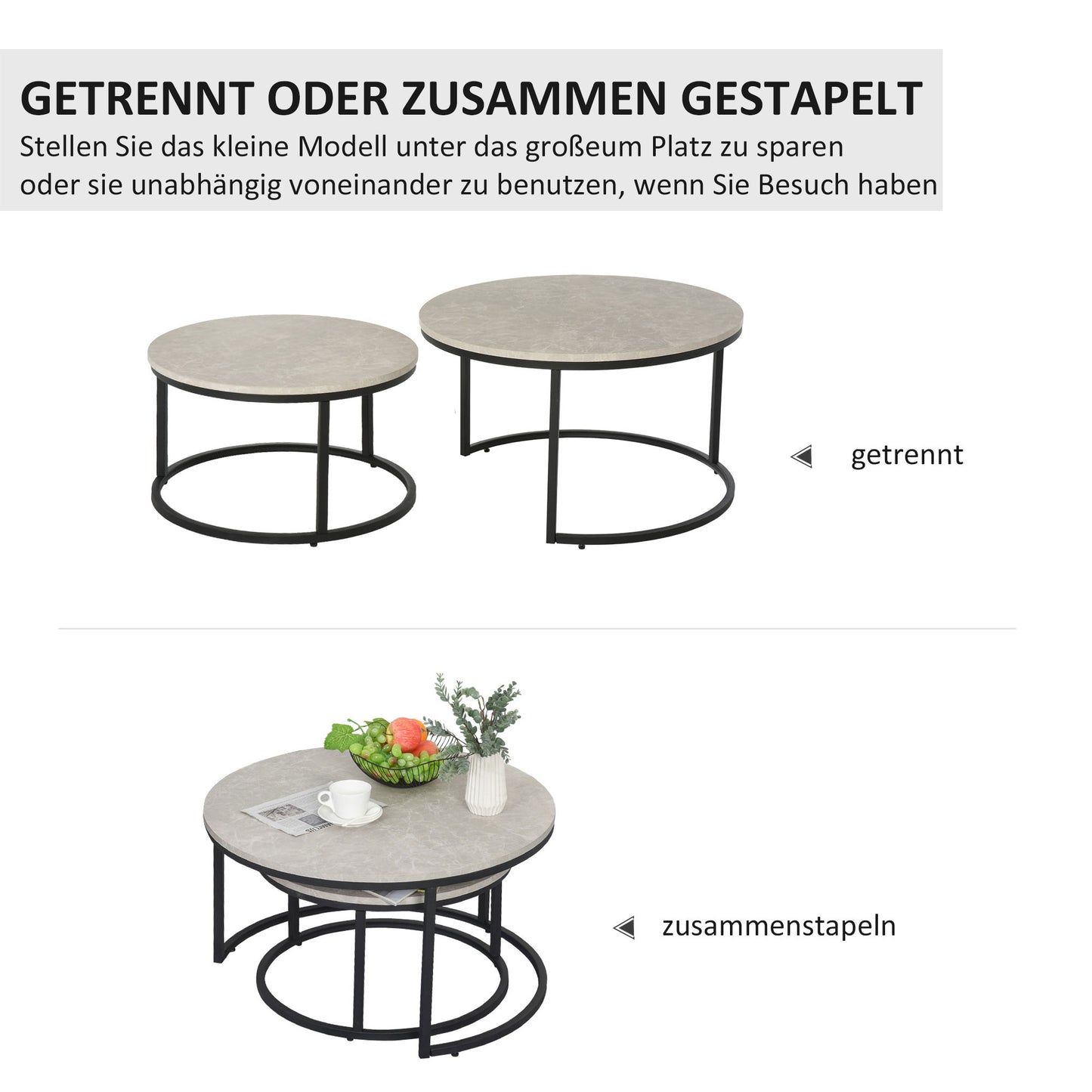 HOMCOM Couchtisch-Set, 2 runde Satztische, Industriedesign, Metallgestell, Betonoptik/Schwarz