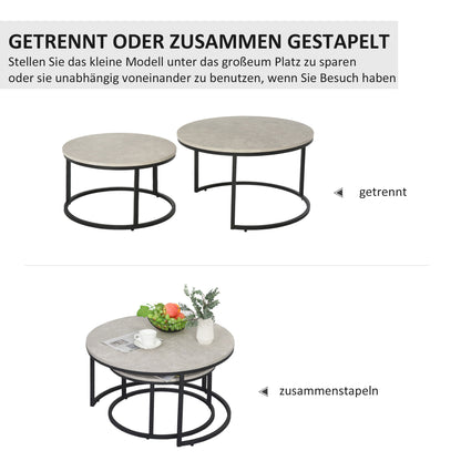 HOMCOM Couchtisch-Set, 2 runde Satztische, Industriedesign, Metallgestell, Betonoptik/Schwarz