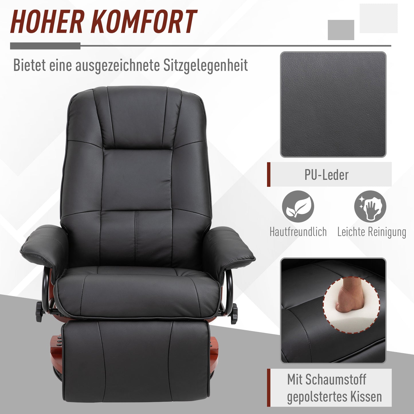 HOMCOM Relaxsessel Fernsehsessel Liegesessel Kunstleder 360° Drehstuhl 145° neigbar Schwarz 78 x 87 x 100 cm