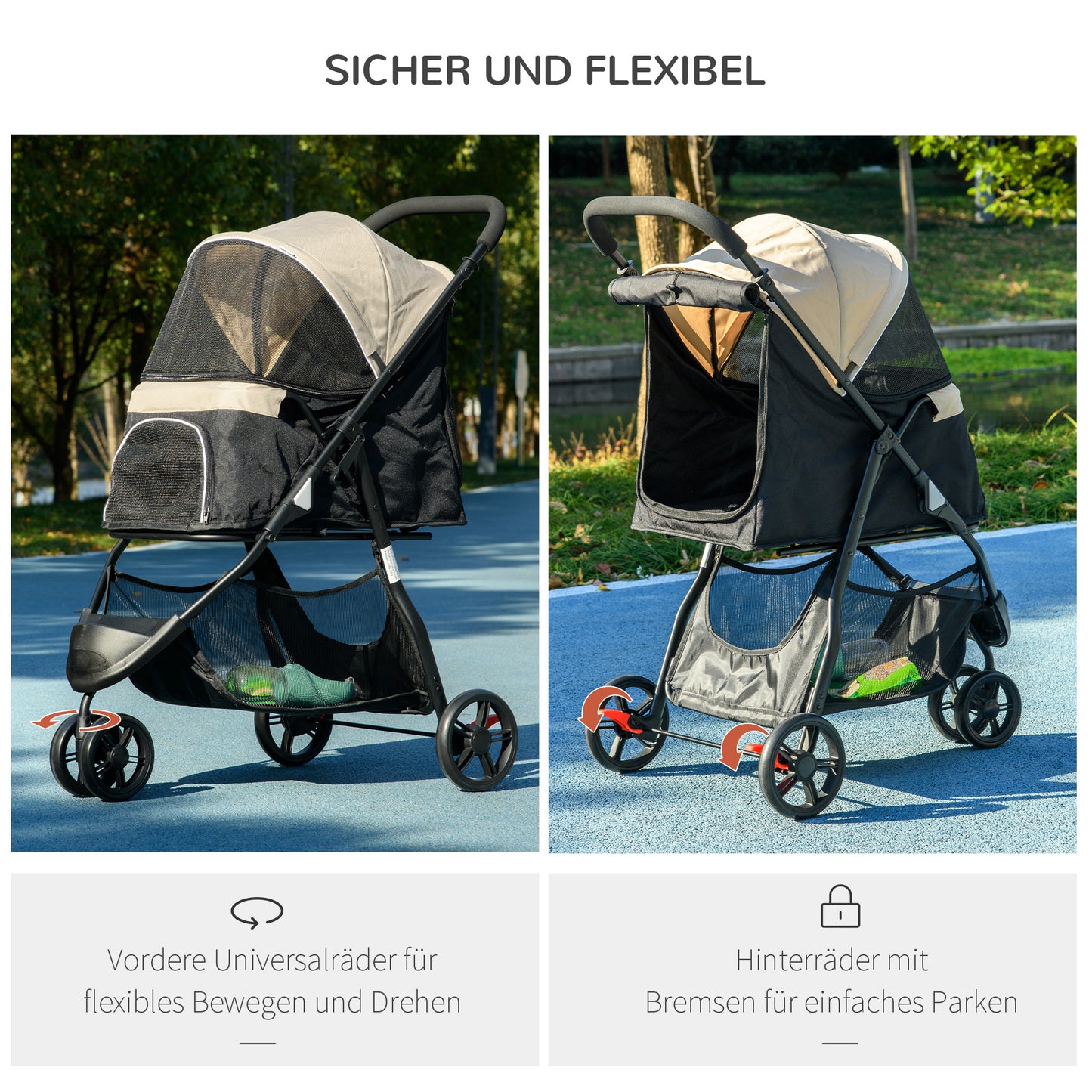 PawHut Haustierbuggy Hundebuggy, klappbar, mit Regenschutz, 2 Getränkehalter, Blau + Khaki