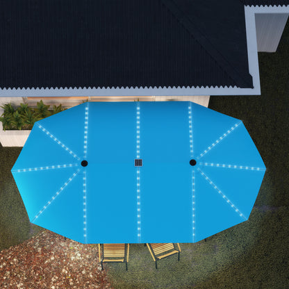 Outsunny Doppelschirm mit Solar-Lichtern, Aluminium, Polyester, UPF50+ Schutz, UV-beständig, Terrassenschirm, Blau