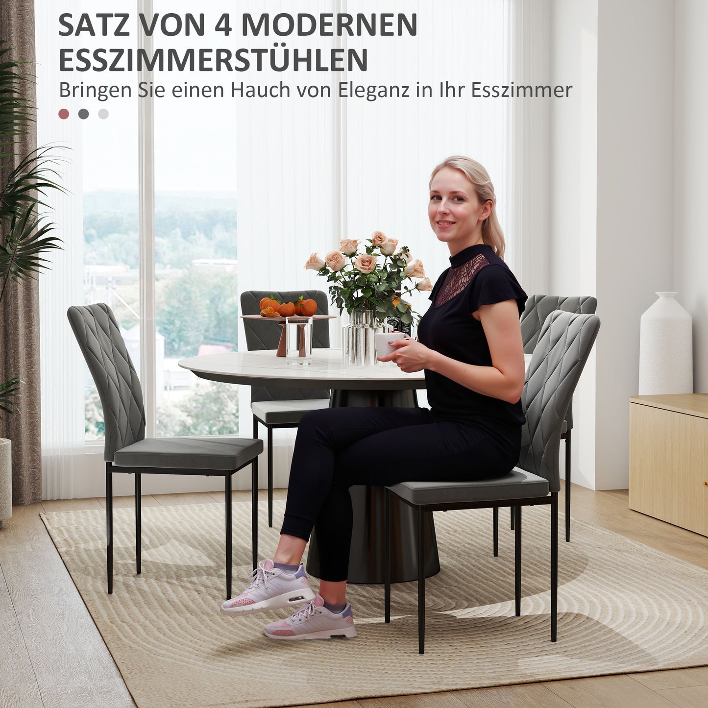 HOMCOM 4er-Set Esszimmerstühle in Samtoptik, Moderne Polsterstühle mit Metallbeinen, für Esszimmer, Schlafzimmer, Küche, Grau