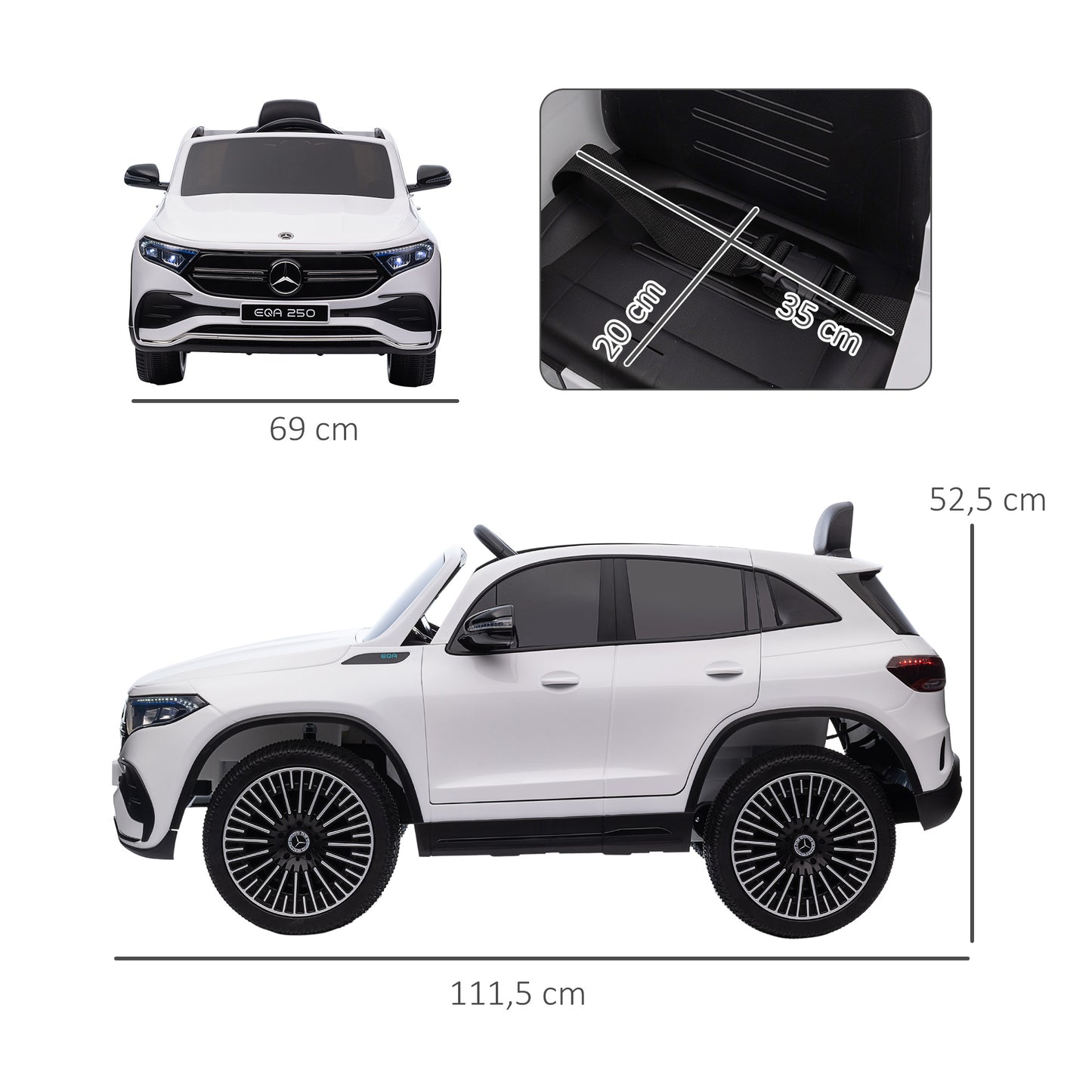 HOMCOM Elektro Kinderauto, lizenzierter Mercedes-Benz EQA, 3-8 km/h, Musik, Scheinwerfer, Hupe, Fernsteuerung, weiß