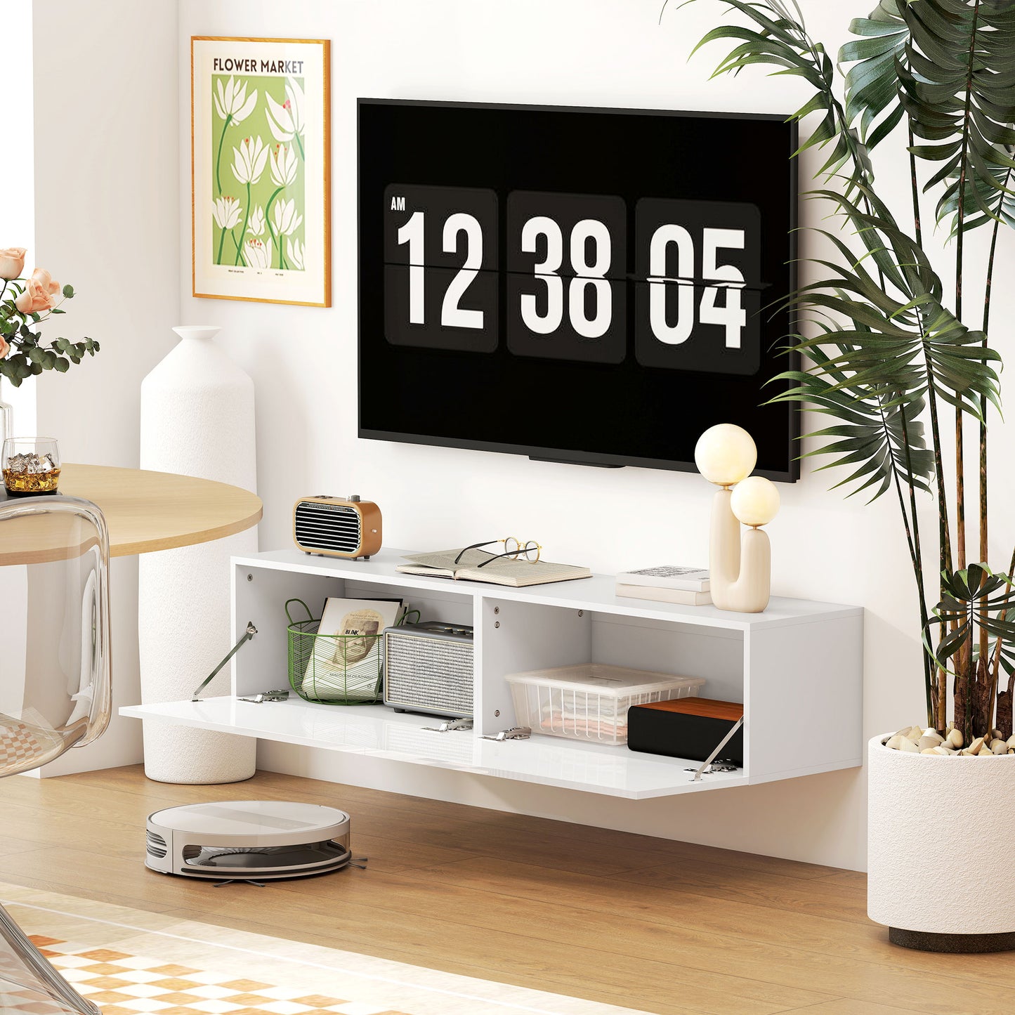 HOMCOM Wandmontierter TV-Schrank, schwebende TV-Kommode mit viel Ablagefläche und Stauraum, Spanplatte, Weiß