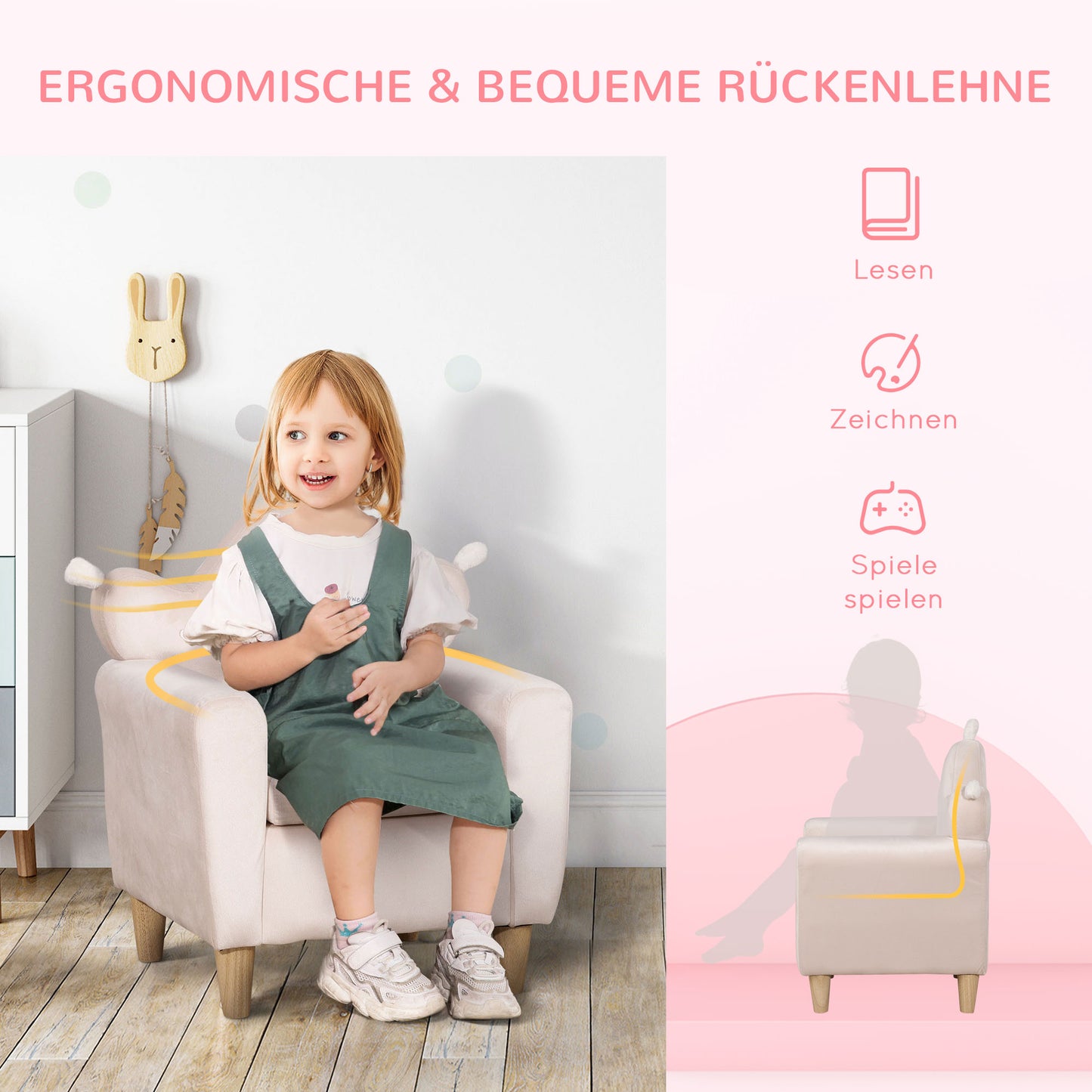 HOMCOM Kindersessel für Kinder 3-5 Jahre, weicher Stoffbezug, Rahmen aus Eukalyptusholz, 50 x 42 x 58cm, hellrosa