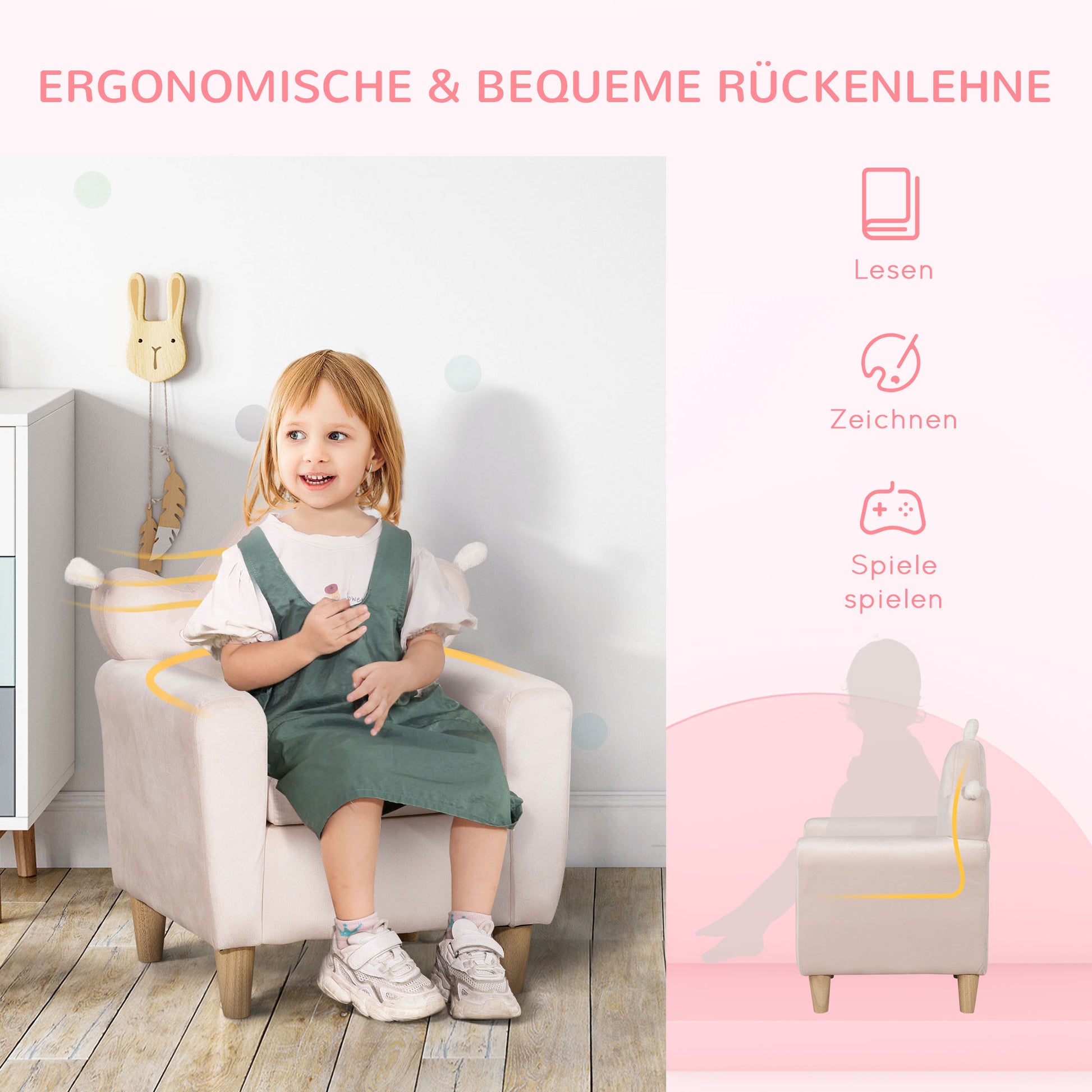 HOMCOM Kindersessel für Kinder 3-5 Jahre, weicher Stoffbezug, Rahmen aus Eukalyptusholz, 50 x 42 x 58cm, hellrosa