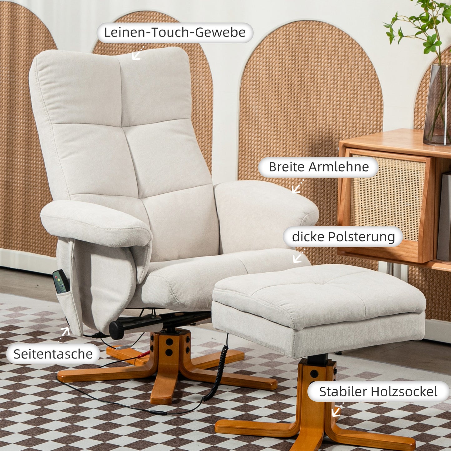 HOMCOM Massagesessel mit Liegefunktion und Fußhocker, 145°-Neigung, Polyester, 80 x 86 x 99 cm, Cremeweiß