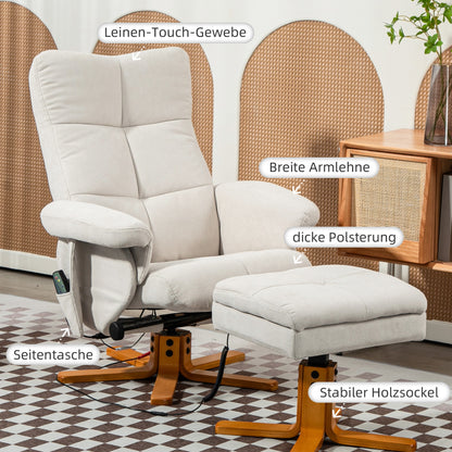 HOMCOM Massagesessel mit Liegefunktion und Fußhocker, 145°-Neigung, Polyester, 80 x 86 x 99 cm, Cremeweiß
