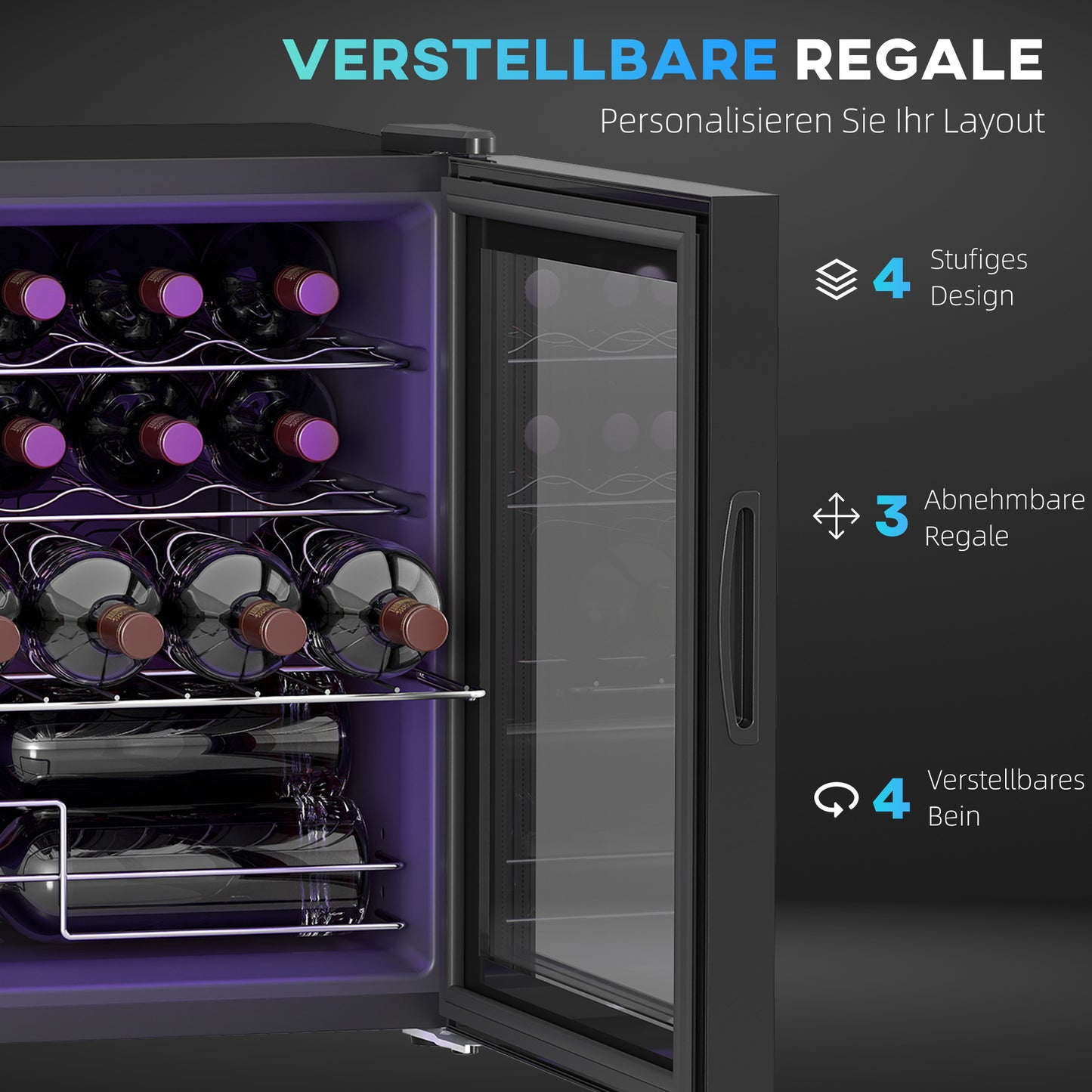 HOMCOM Freistehender Weinkühlschrank, 16 Flaschen, für Hausbar, Wohnzimmer, Küche Touchscreen, Glastür, LED-Beleuchtung