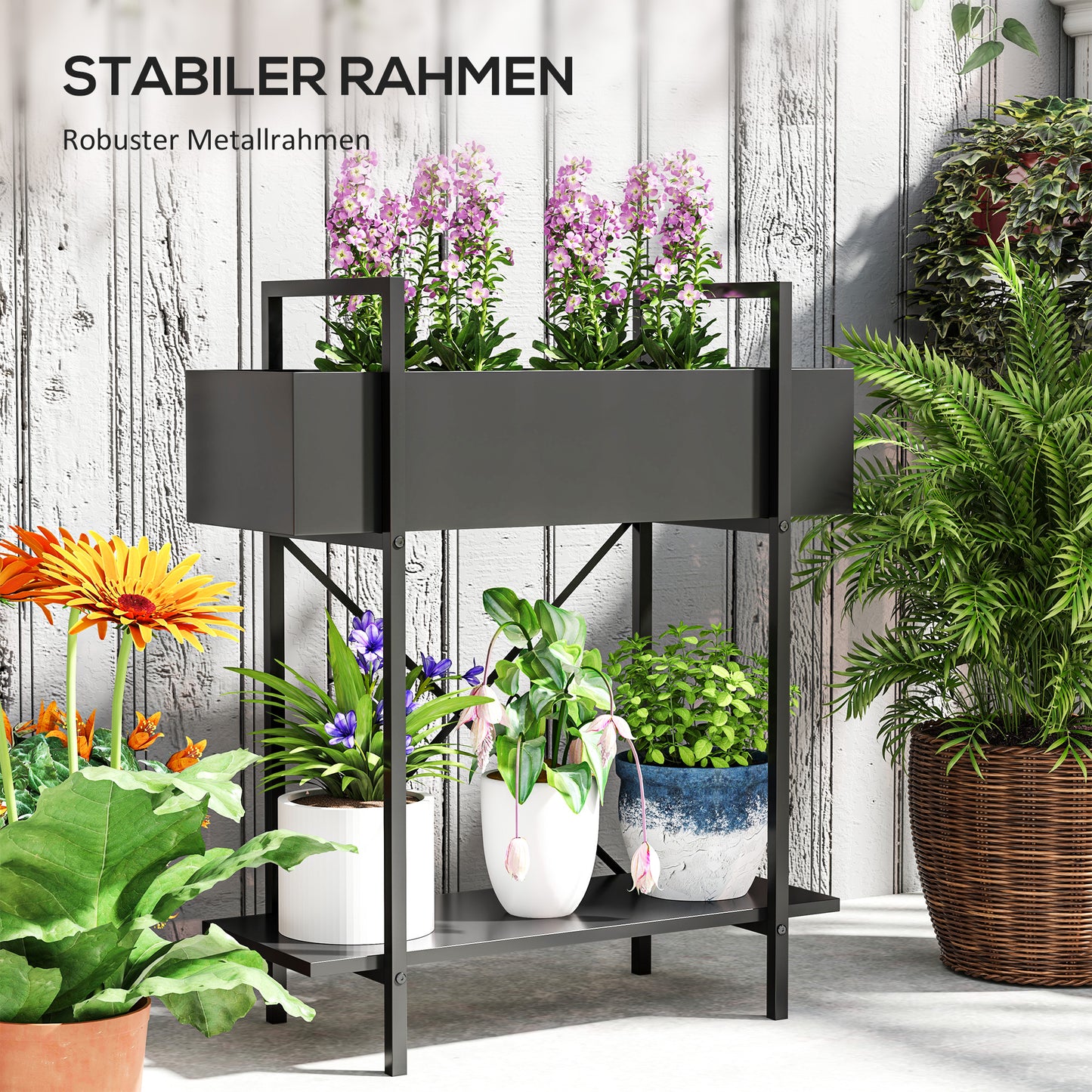 Outsunny Pflanzenständer, Blumentopfständer mit 2 Ebenen, Ablauflöcher, für drinnen und draußen, Metall, Schwarz