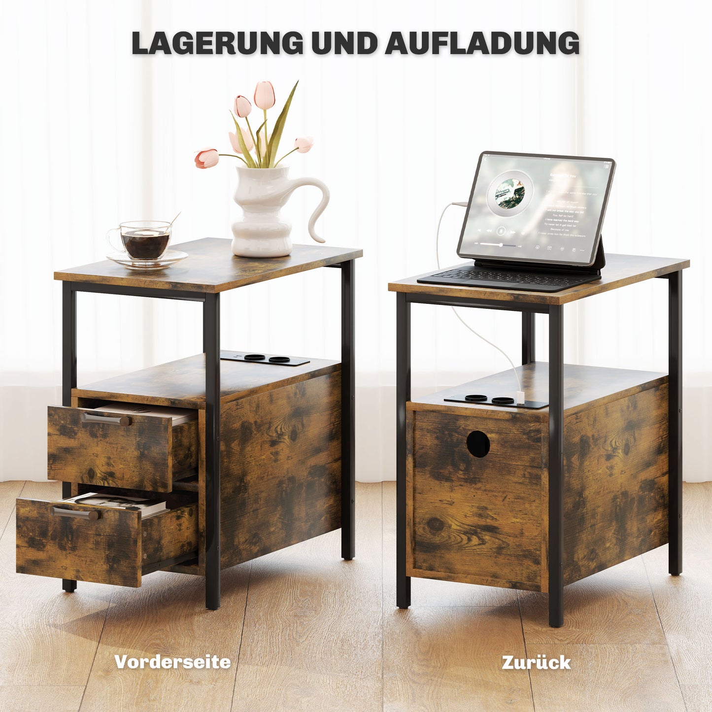 HOMCOM Beistelltisch mit Aufladestation, USB-Anschlüssen, Steckdosen, 2 Schubladen und Regal für Wohnzimmer, Schlafzimmer