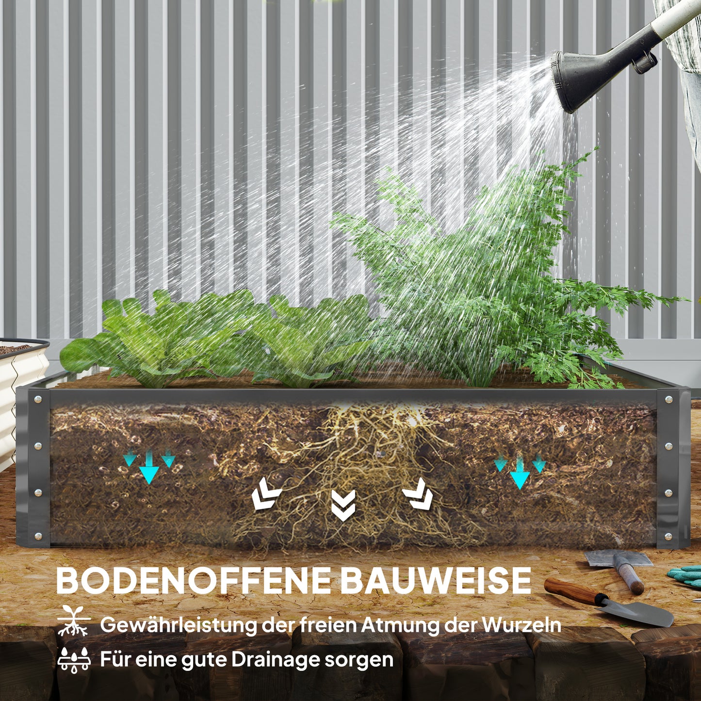 Outsunny Gartenbeet, Pflanzkasten mit Stahlgehäuse, Hellgrau, 120 x 120 x 30 cm