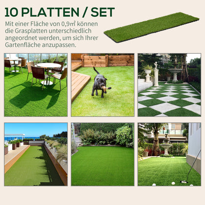 Outsunny Kunstrasen, naturgetreu, Dräneringsfunktion, 6,5 K Fasern/m², 25mm Höhe, 10-er Set je 30x30cm, Grün
