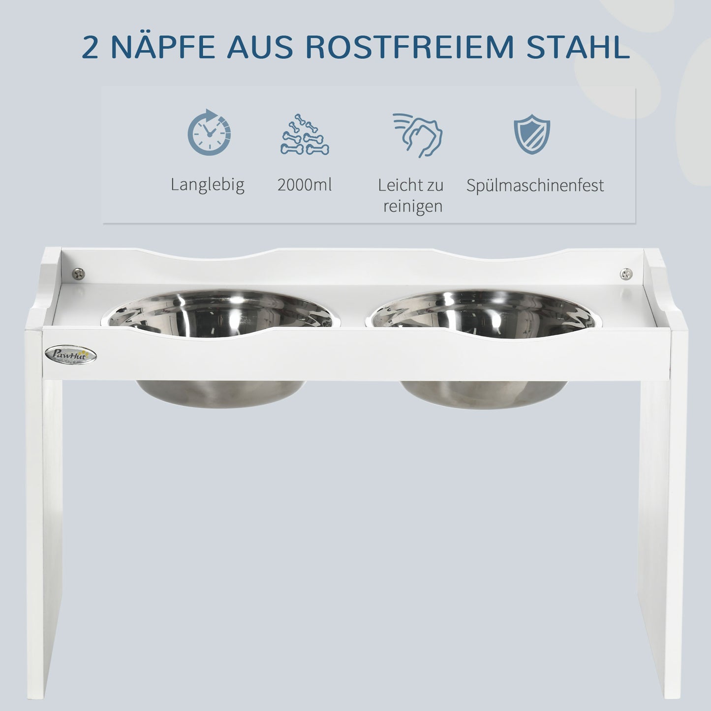 PawHut Futterstation, Napfständer, 2 Fressnäpfe je 2 Liter, Edelstahl, für große Hunde, weiß, 63 x 30 x 24cm