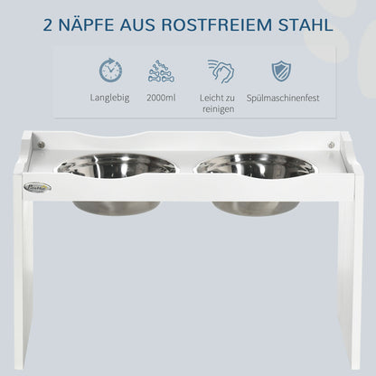 PawHut Futterstation, Napfständer, 2 Fressnäpfe je 2 Liter, Edelstahl, für große Hunde, weiß, 63 x 30 x 24cm