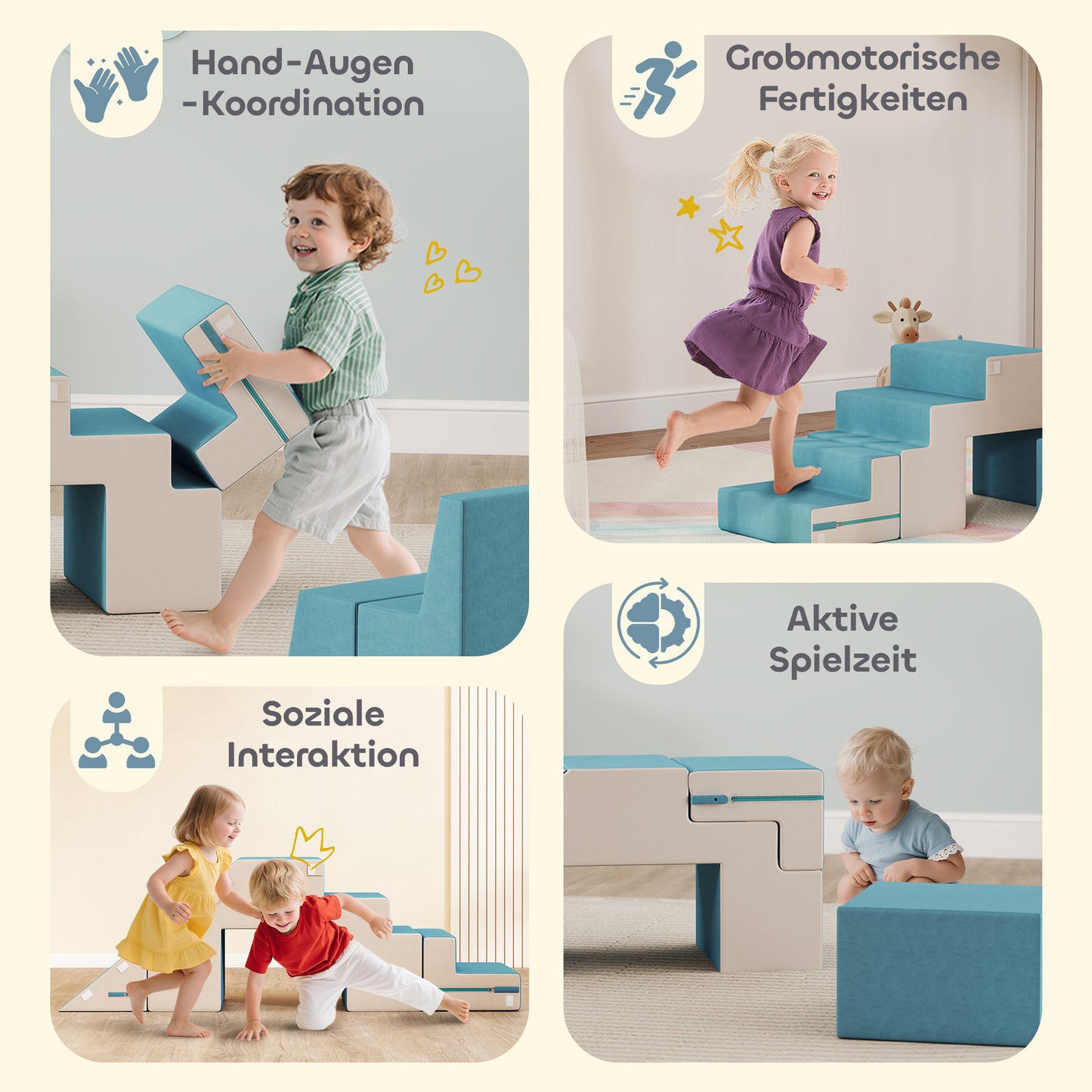 AIYAPLAY 2-teiliges weiches Spielblöcke-Set für Kleinkinder, Kunstleder, Schaumstoff, zum Klettern, Bauen, Spielen, Beige+Blau