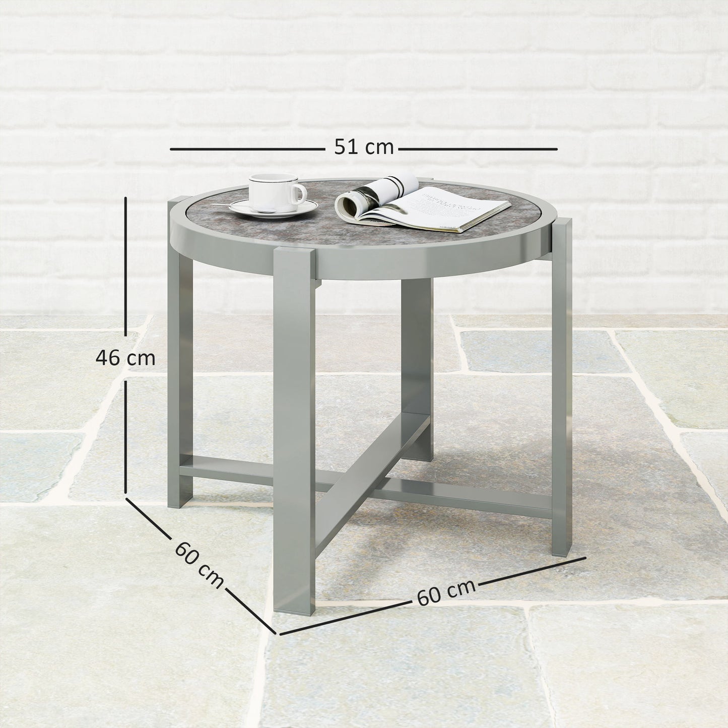 Outsunny Beistelltisch Gartentisch Rund wetterfest Aluminium Balkontisch mit Marmoroptik Grau
