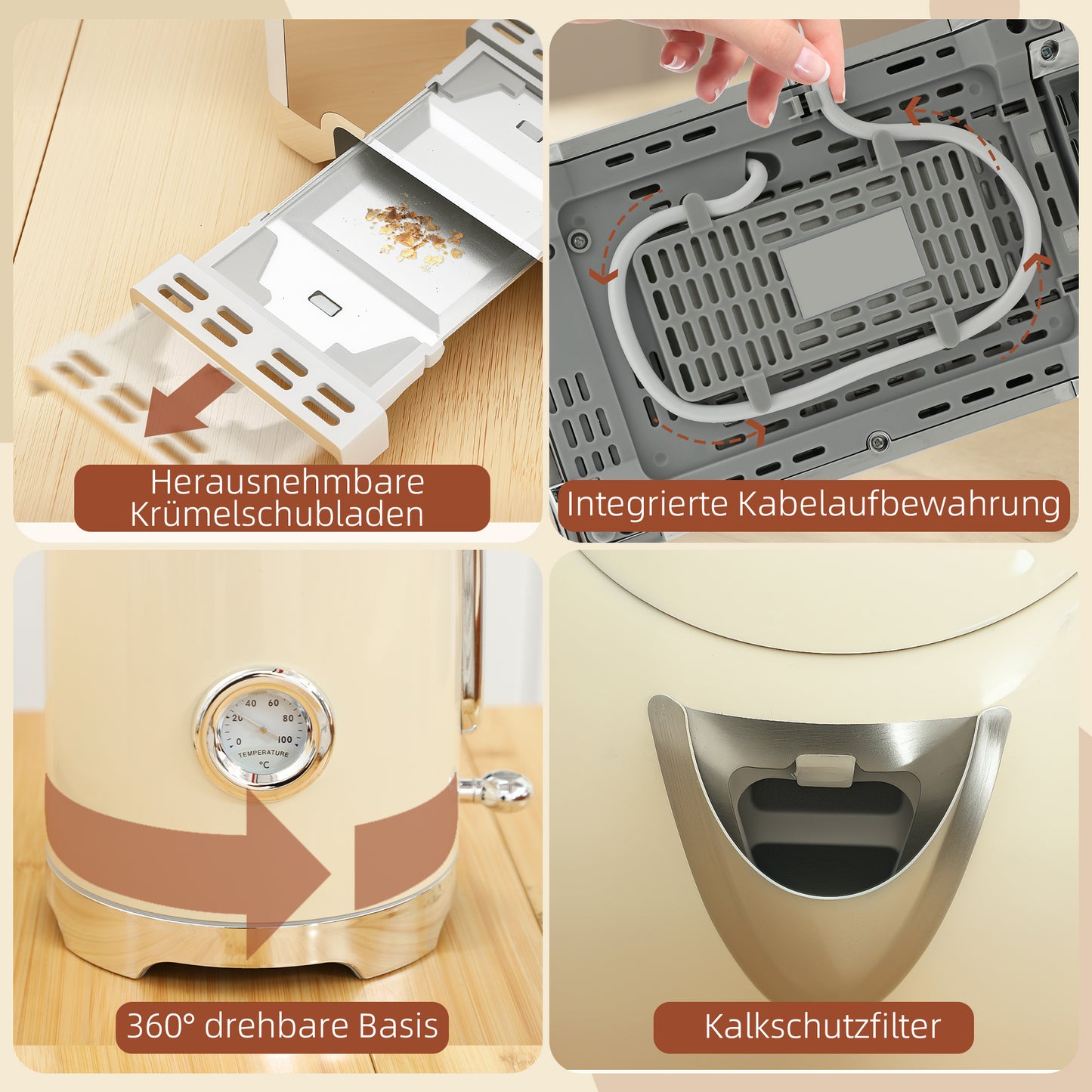 HOMCOM Wasserkocher- und Toaster-Set, 2200W, 7 Bräunungsstufen, versch. Funktionen, Creme